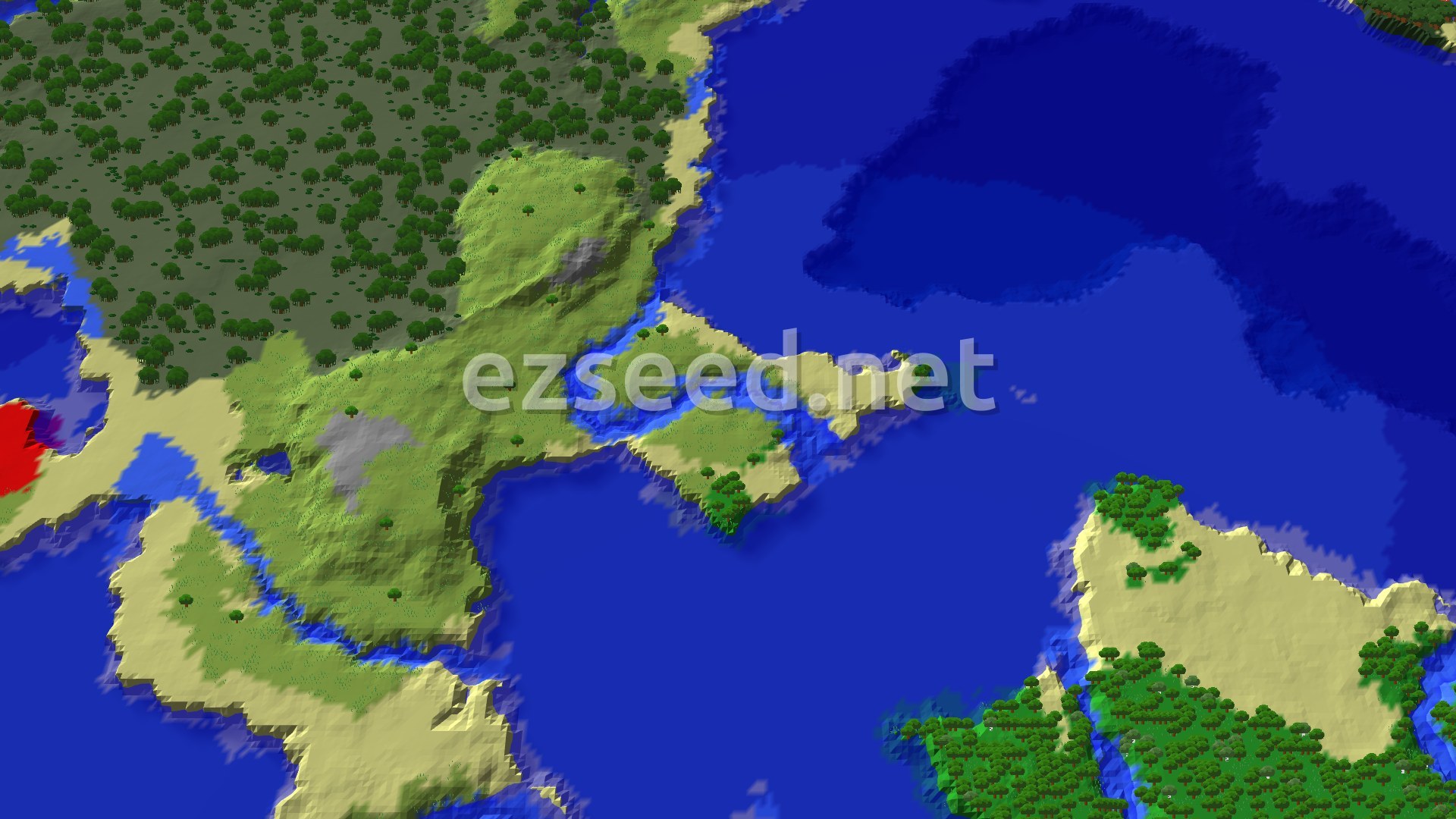 An overhead view of a diverse landscape featuring swathes of swamp, dappled forest, and plains, bordered by beaches and a cold ocean, with rolling hills and scattered trees.