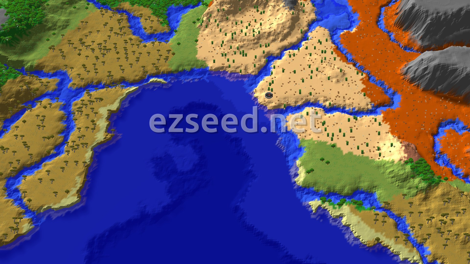 A sandy desert peninsula with cacti juts into a deep blue bay, with orange badlands and grey rock to the east and savanna and green plains to the west.