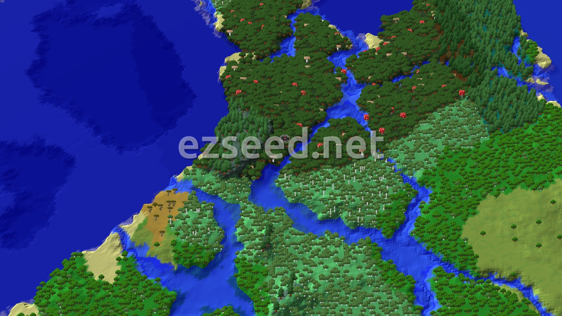 A canopy of dark oak dotted with giant red mushrooms, cut by blue river channels, with birch forest to the south and open ocean to the west.