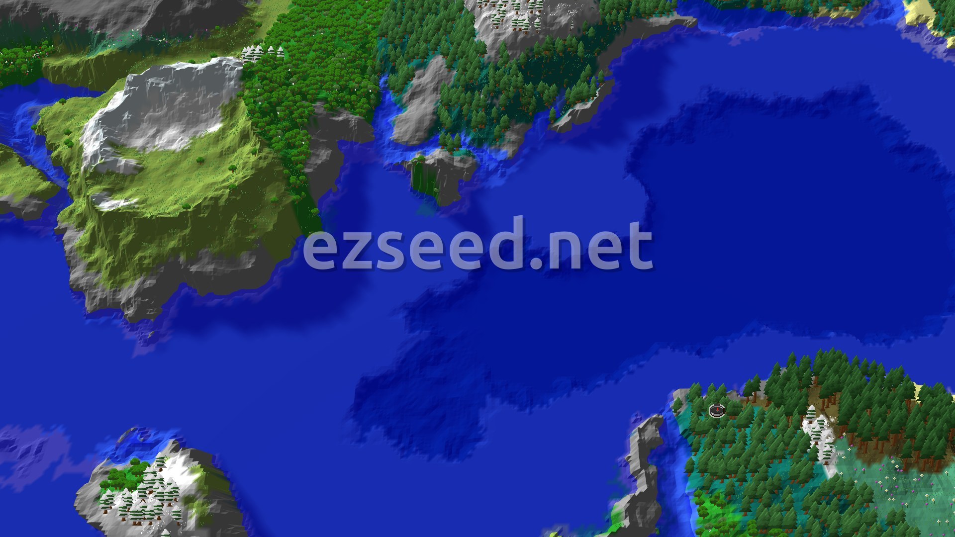 Aerial Minecraft seed map — Large Taiga Island Surrounded by Cold Ocean