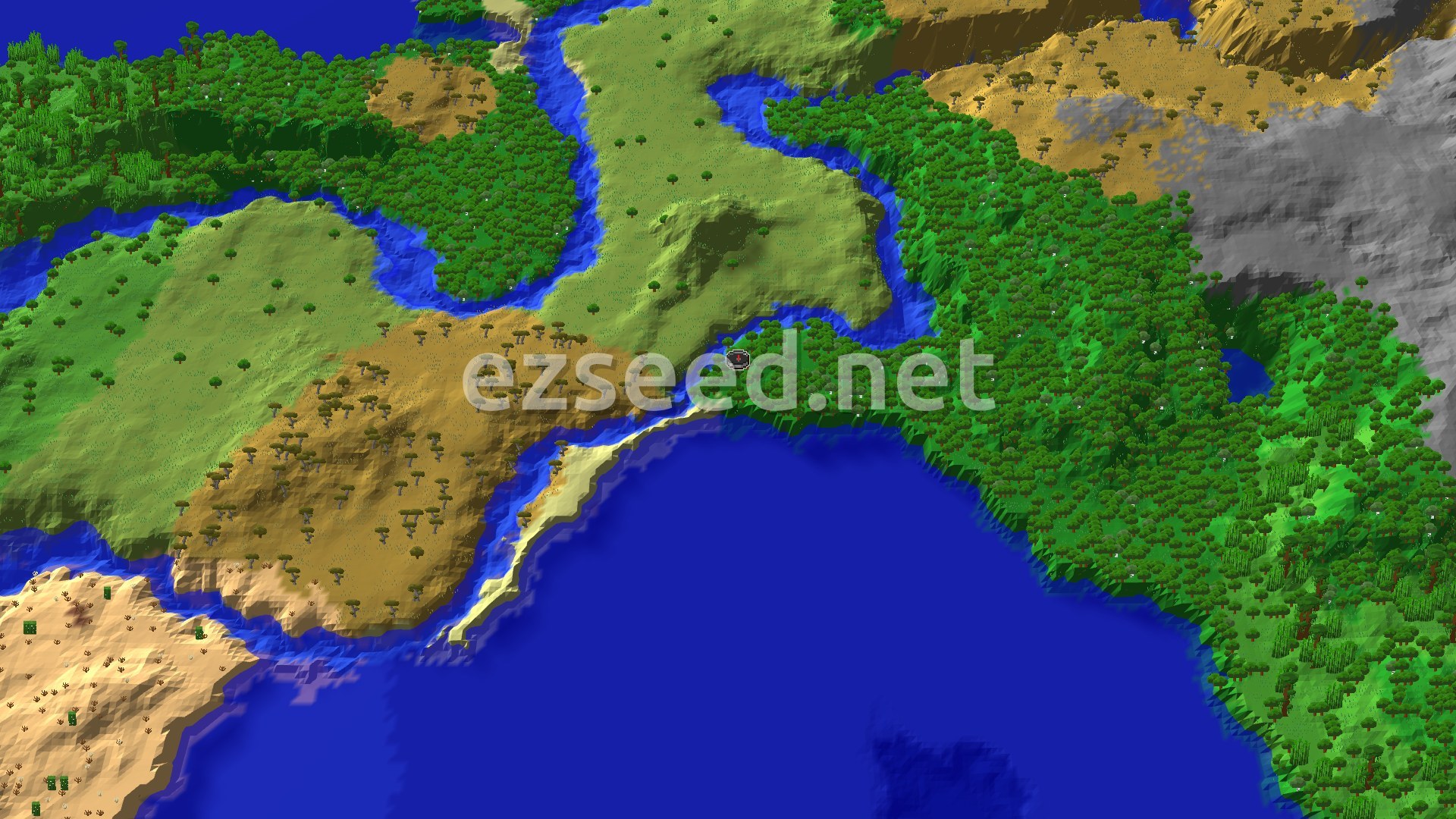 Dense forest runs along the edge of a wide ocean bay, with plains and a tan savanna hill to the west, rivers cutting through and gray rock at the far corner.