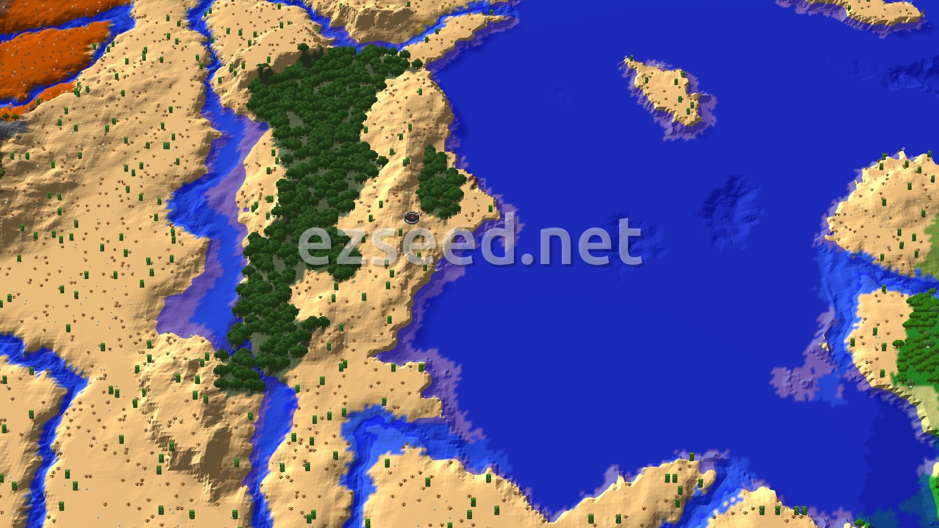 A sandy desert ridge with a dense strip of dark trees runs beside a wide blue bay, with orange badlands in the far corner and small sandy islets offshore.