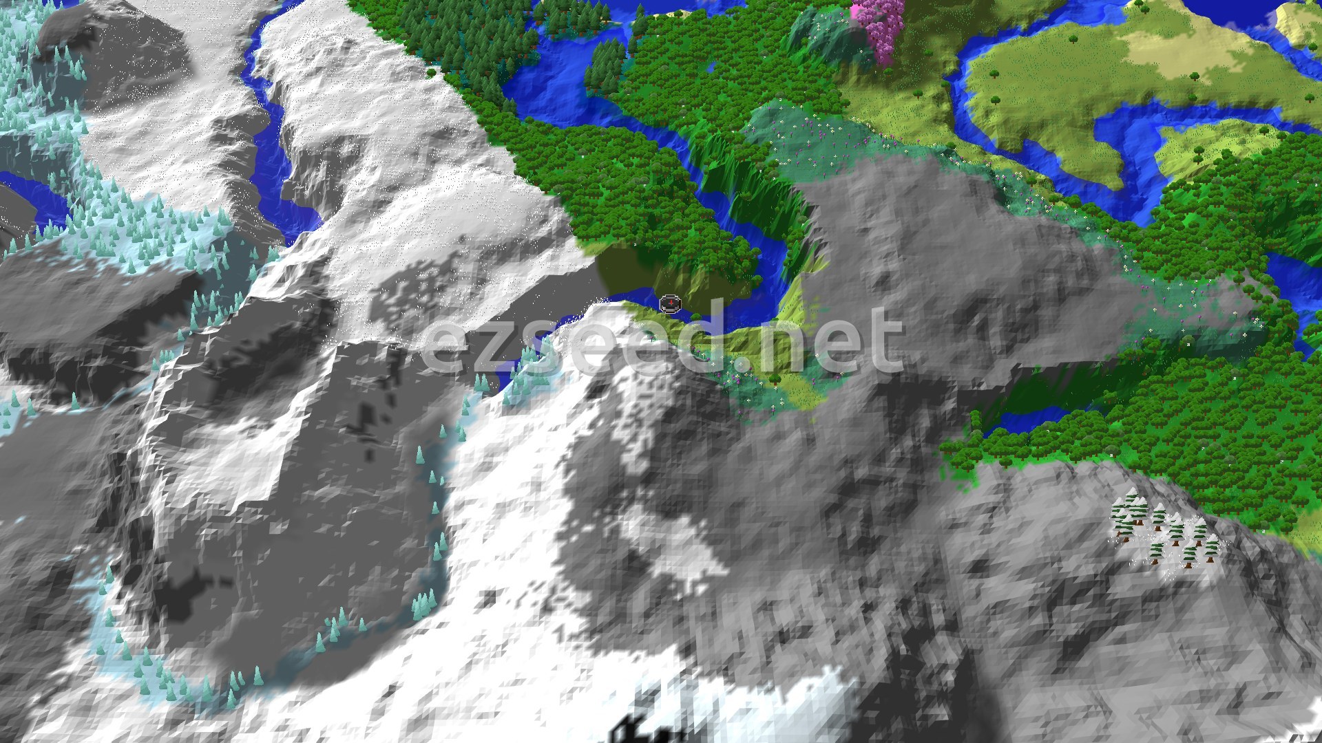 A 3D fly-over of a narrow green plains strip and winding river, with grey snow-dusted mountain slopes to the south and west and dense forest to the north and east.