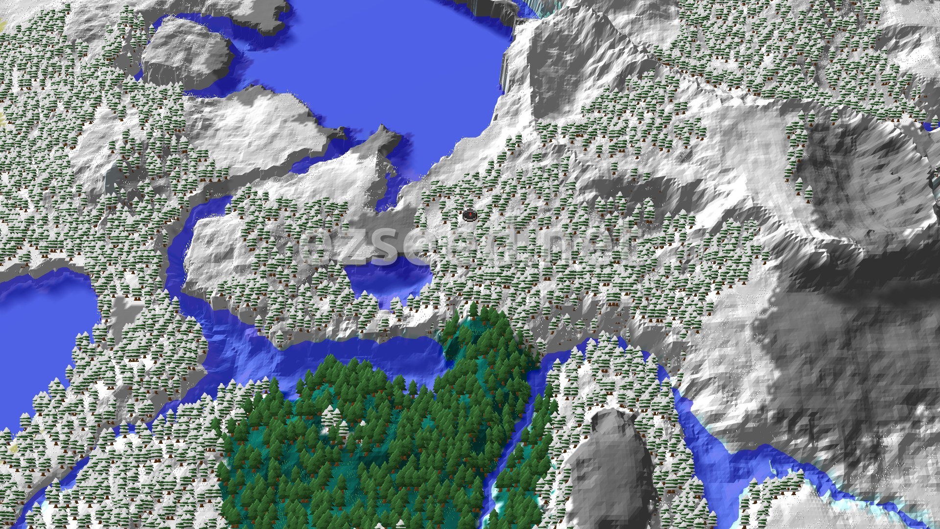 A fly-over of snow-dusted spruce forest and white hills, with frozen rivers and open water winding between the ridges and a green taiga patch to the south.
