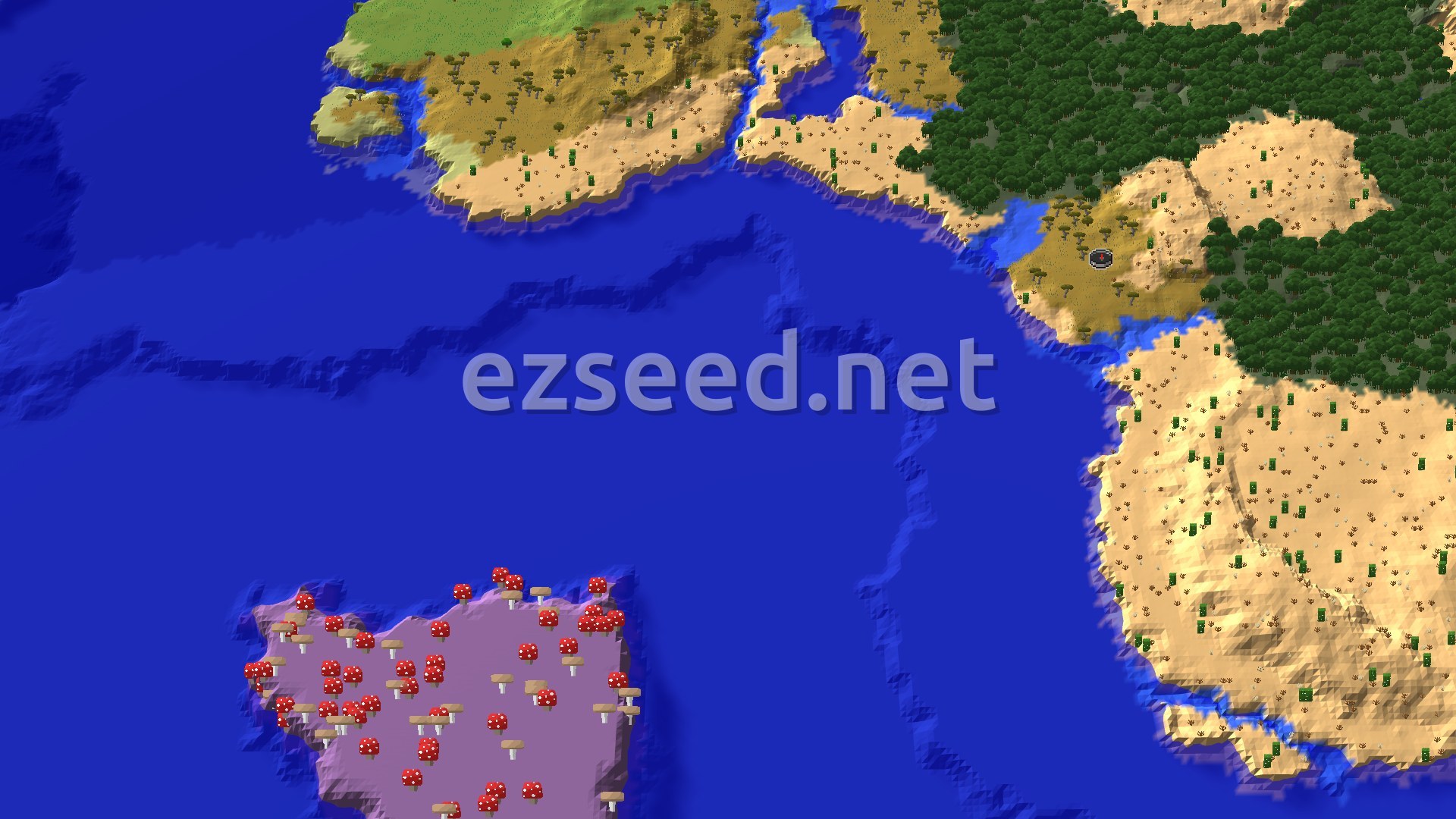 A 3D fly-over of a savanna and desert coastline beside a wide blue ocean, with dark forest to the east and a pink mushroom island in the lower left.