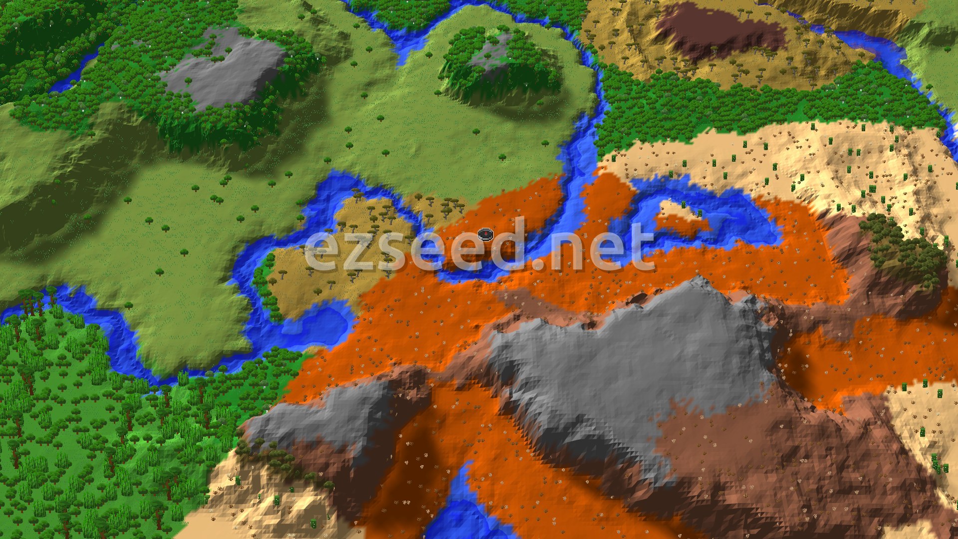 A 3D fly-over of orange badlands with grey stone ridges, a winding blue river, green savanna and plains to the west, jungle at the lower left and pale desert sand to the east.