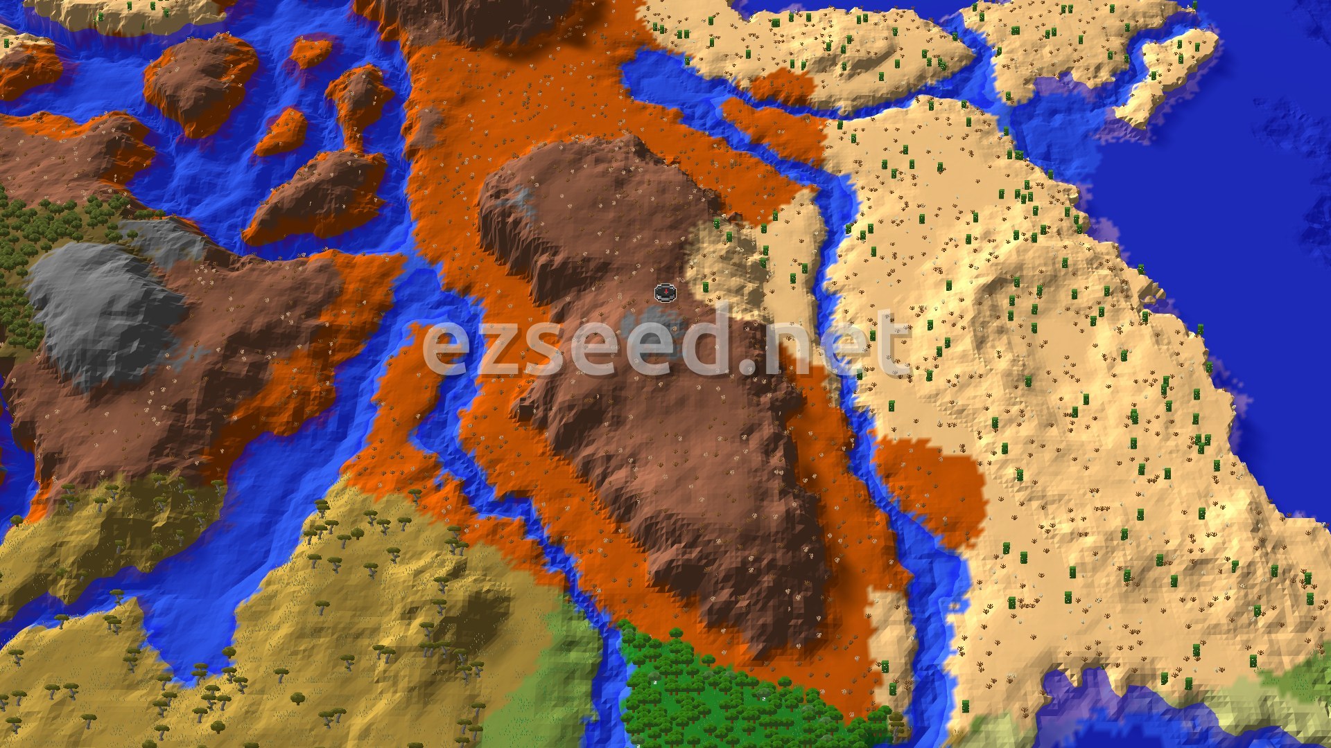A brown and orange badlands plateau rises in the centre, split by narrow rivers from a cactus-dotted desert on the right and savanna and forest on the left and below.