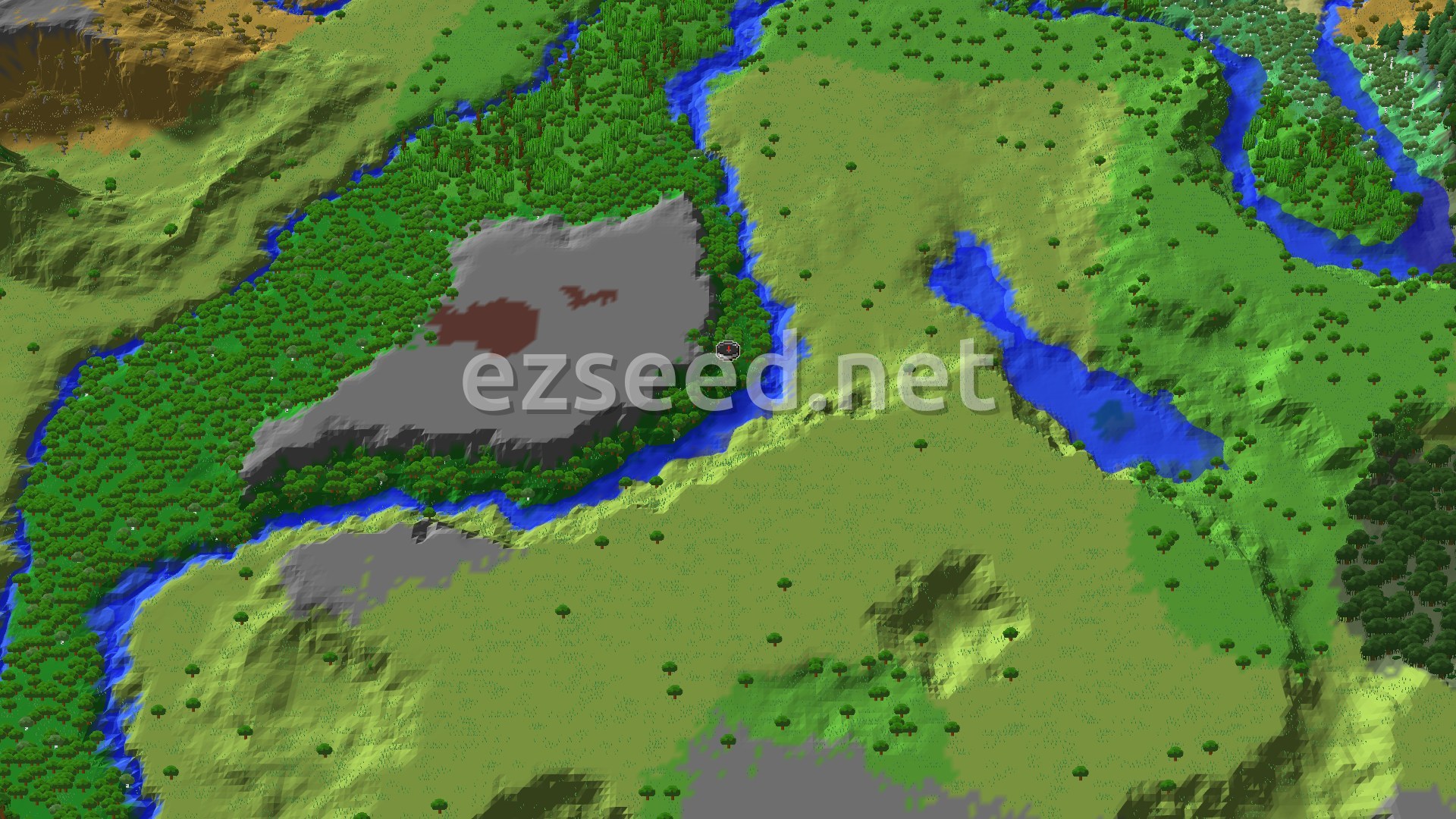 A dense forest on a bend in a river, with open grassland to the east, a long pond, and a darker jungle belt at the edge.