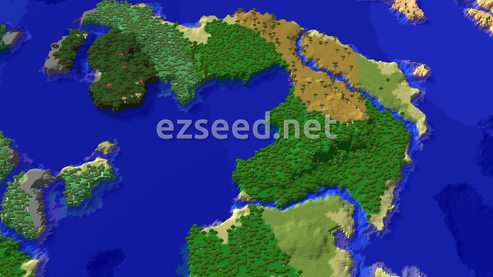 Aerial Minecraft seed map — Dark Forest Island With Savanna and Desert Coasts
