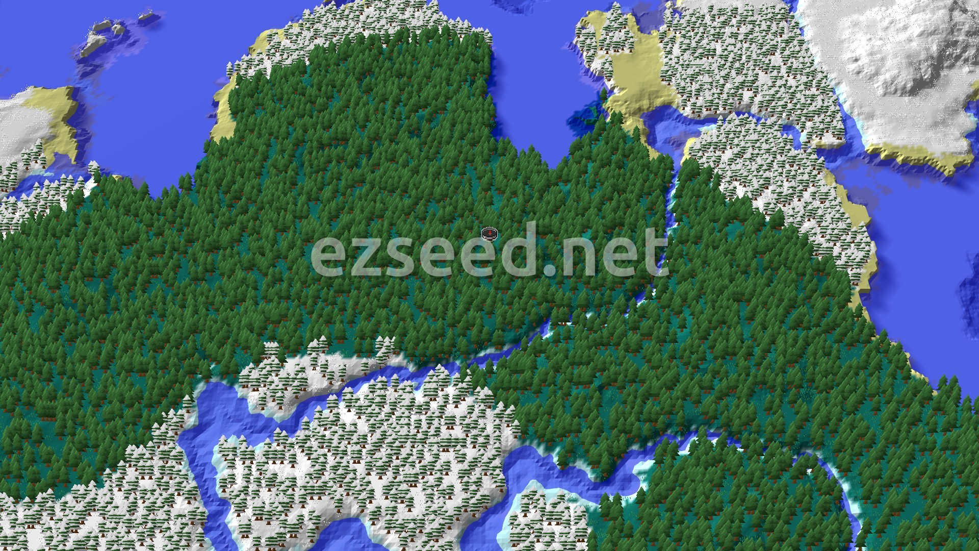 A fly-over of dense green spruce forest around spawn, with snow-capped taiga to the south, frozen rivers and open ocean on both sides.