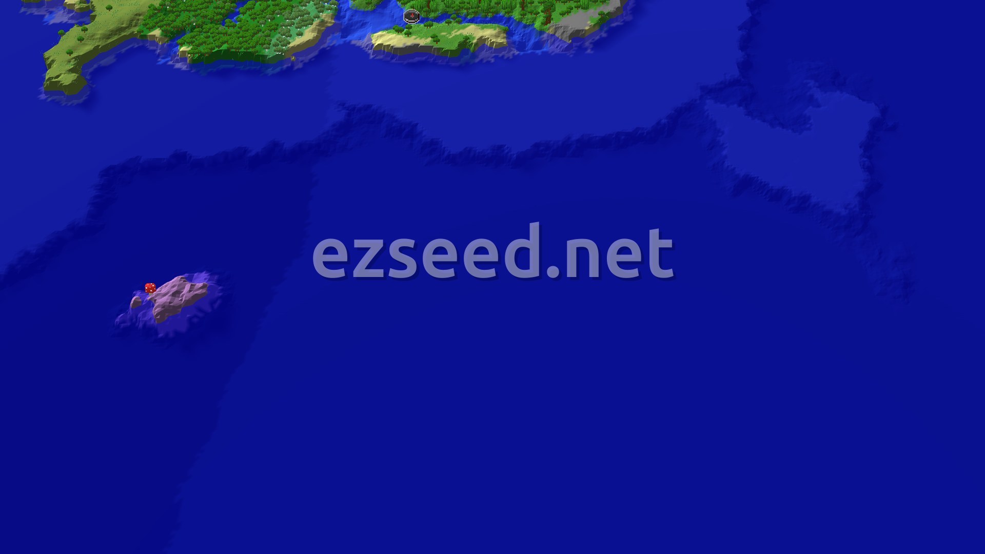 An overhead view of a large body of water with a main forested landmass and a distinct Mushroom Fields island to the southwest, marked with a red dot.