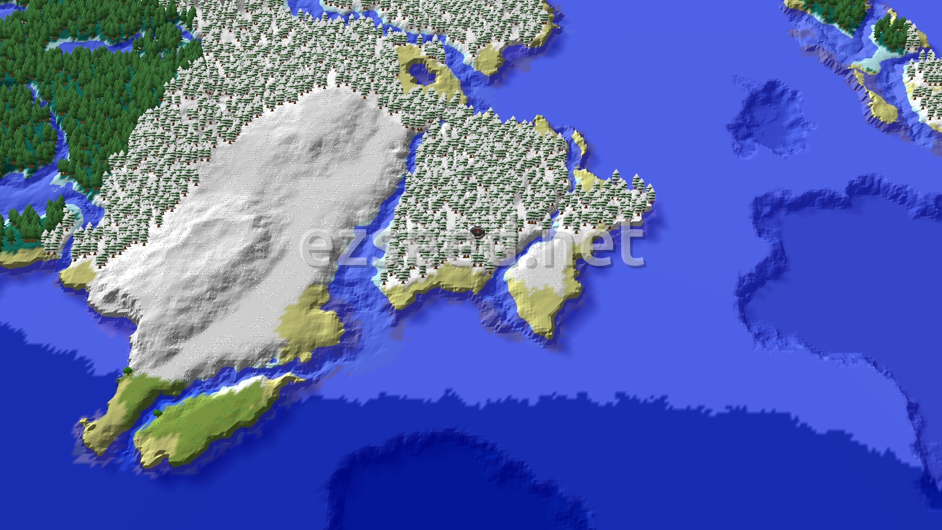 A fly-over of a snow-covered island of spruce forest and pale beaches, ringed by deep blue ocean, with a small marker in the forest at centre.