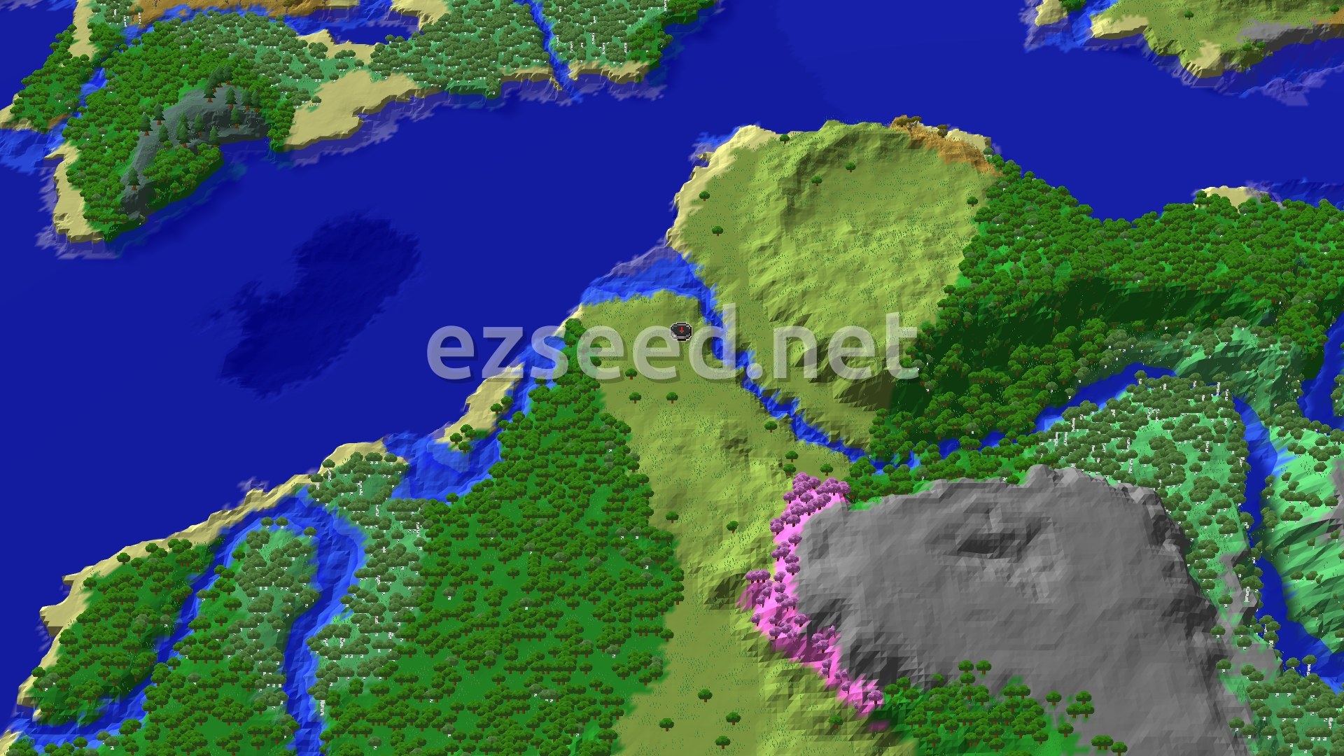 A grassy plains ridge between open ocean and dense forest, with a pink cherry grove hugging the edge of a grey stone hillside to the south.