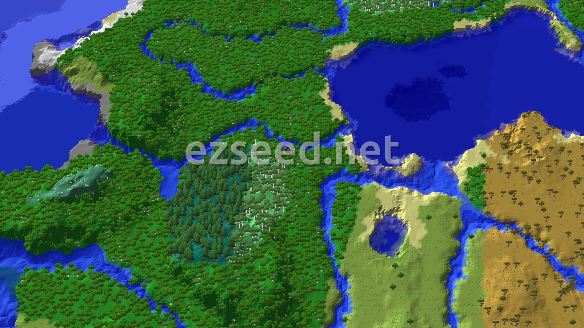 An aerial view of a heavily forested landscape with winding rivers and a large body of water to the north. A small spawn marker is visible in the central forest.