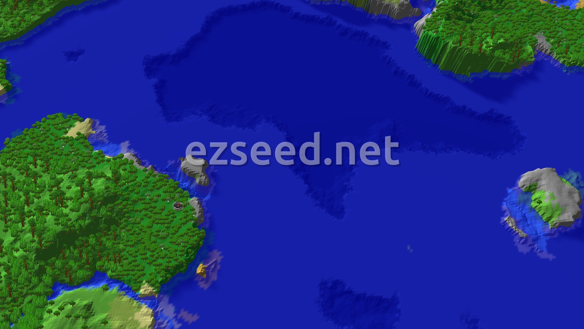 A bird's eye view of a large, green island covered in trees, surrounded by deep blue ocean. Smaller islands and distant landmasses are visible on the horizon.
