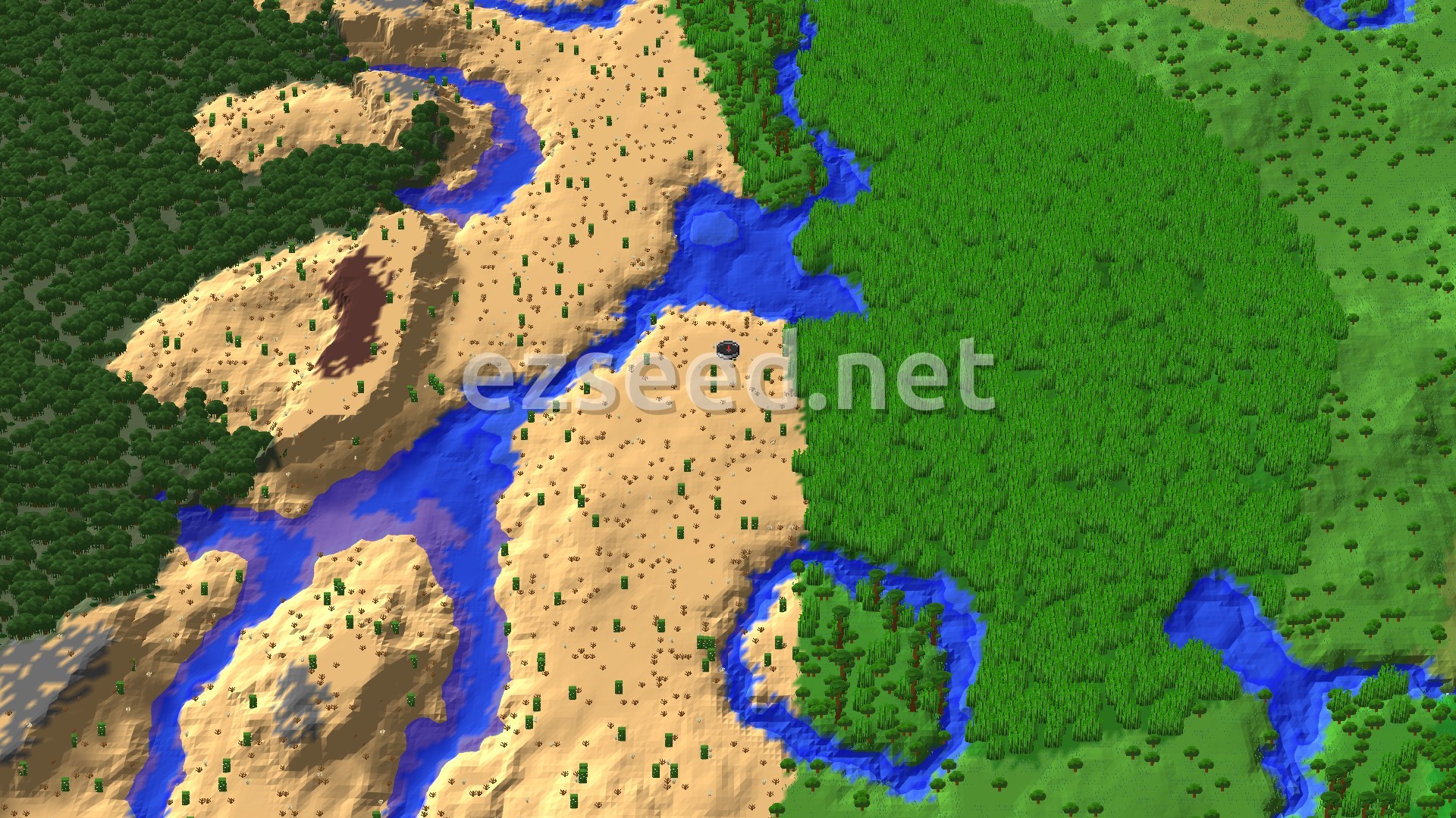 A sandy desert strip with scattered cacti, split by winding rivers, with a thick wall of bamboo to the east and dark forest to the west.