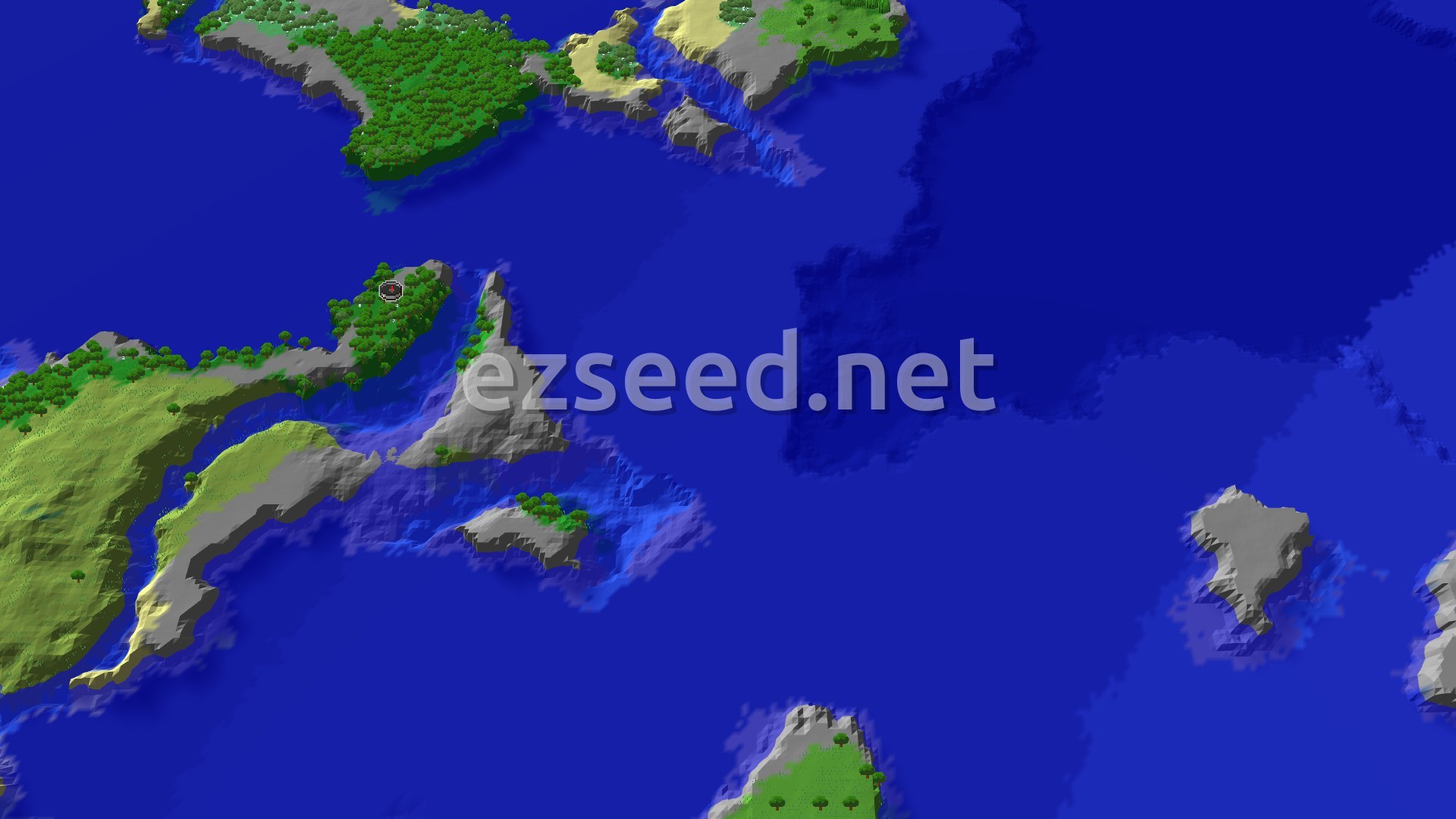 A bird's-eye view shows a large, green forest island with some stony shorelines, surrounded by deep blue ocean. Smaller islands dot the water, some with trees, others bare rock.