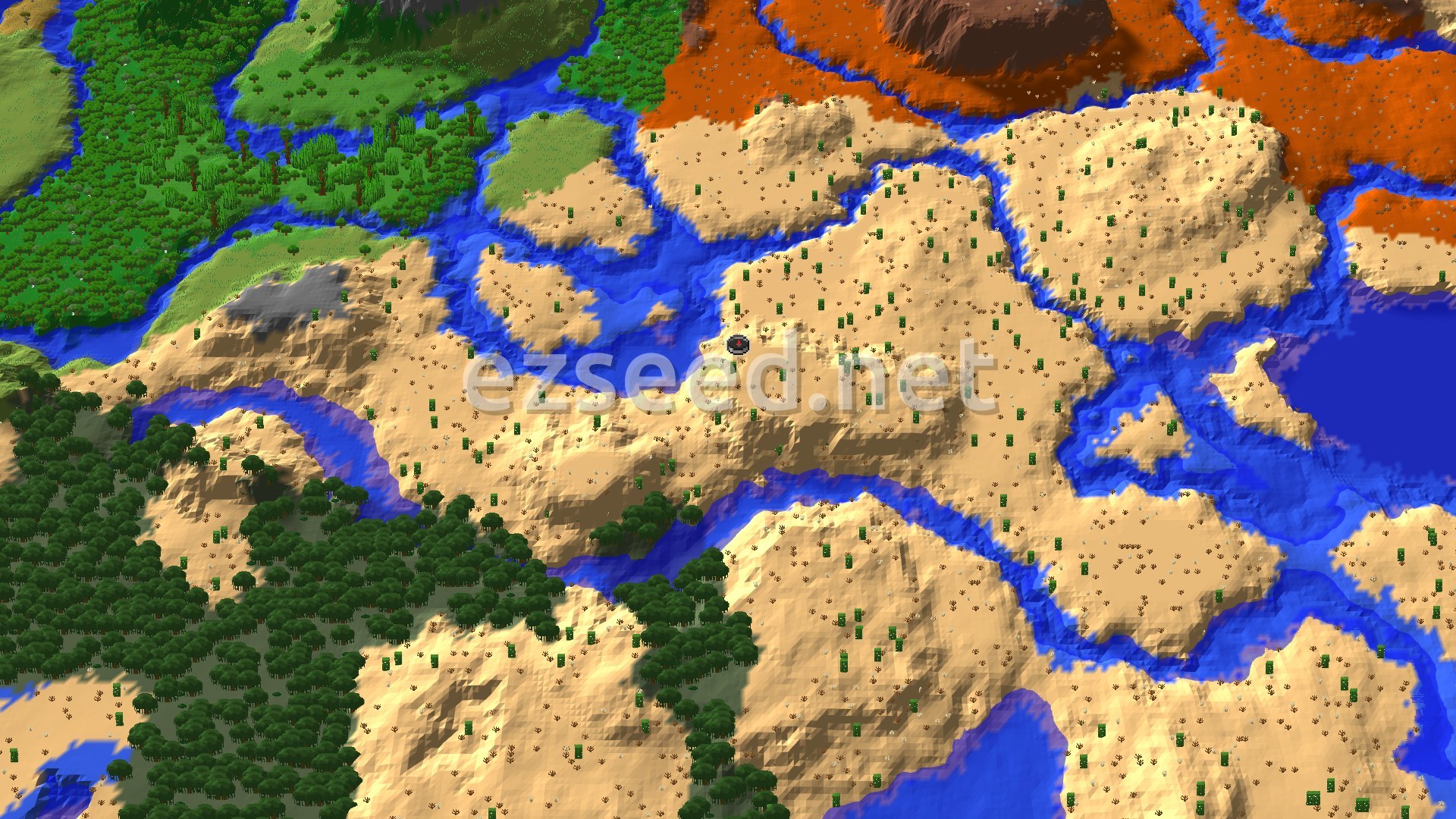 Aerial Minecraft seed map — Mangrove Swamp with Desert Pyramid