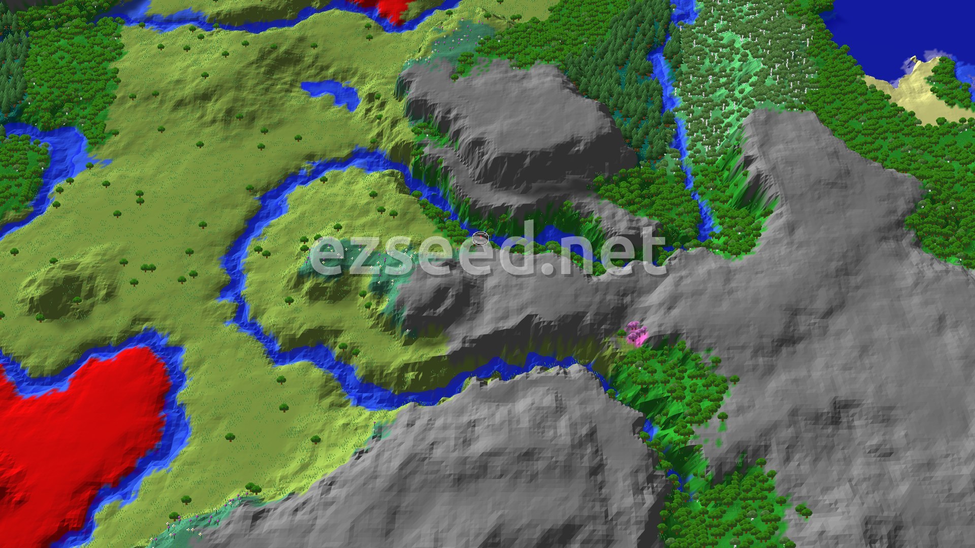 A 3D fly-over of a varied landscape, showing rolling green plains, dense forests, steep grey mountains, and winding blue rivers, with a small pink patch of cherry blossoms visible.
