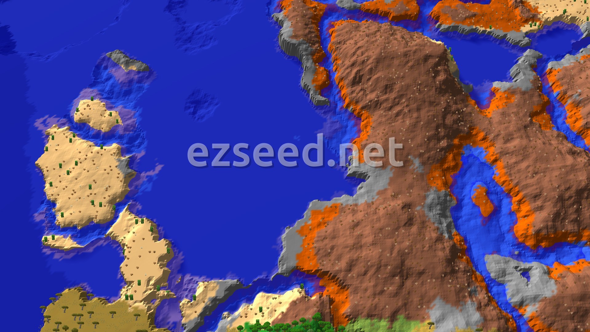 A 3D overhead view of a diverse landscape featuring a mix of savanna, desert, and badlands biomes, bordered by deep blue oceans and rivers. The terrain includes varied elevations, from flat plains to rugged, eroded hills, with scattered trees and sparse vegetation.