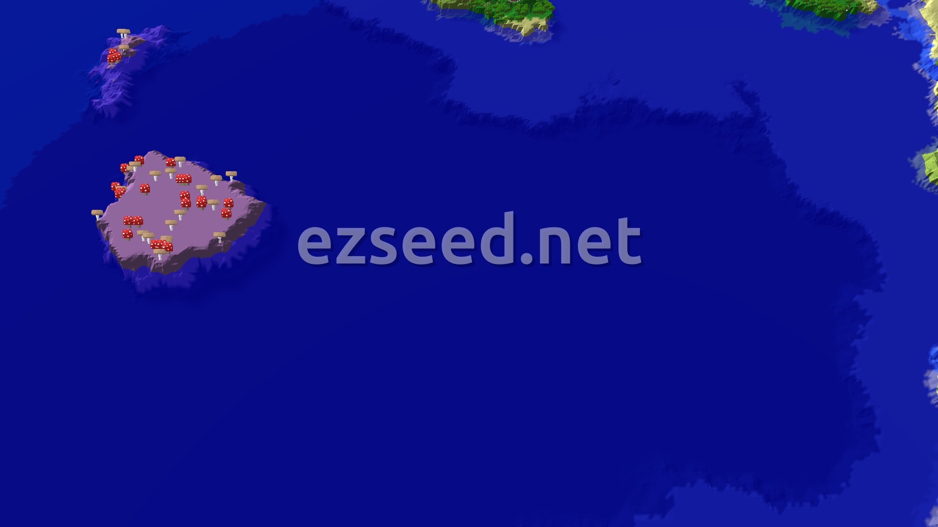 A 3D fly-over of a green forest island fringed with sand at the top edge, with a pink mushroom island dotted with red and brown giant mushrooms floating in dark blue ocean.