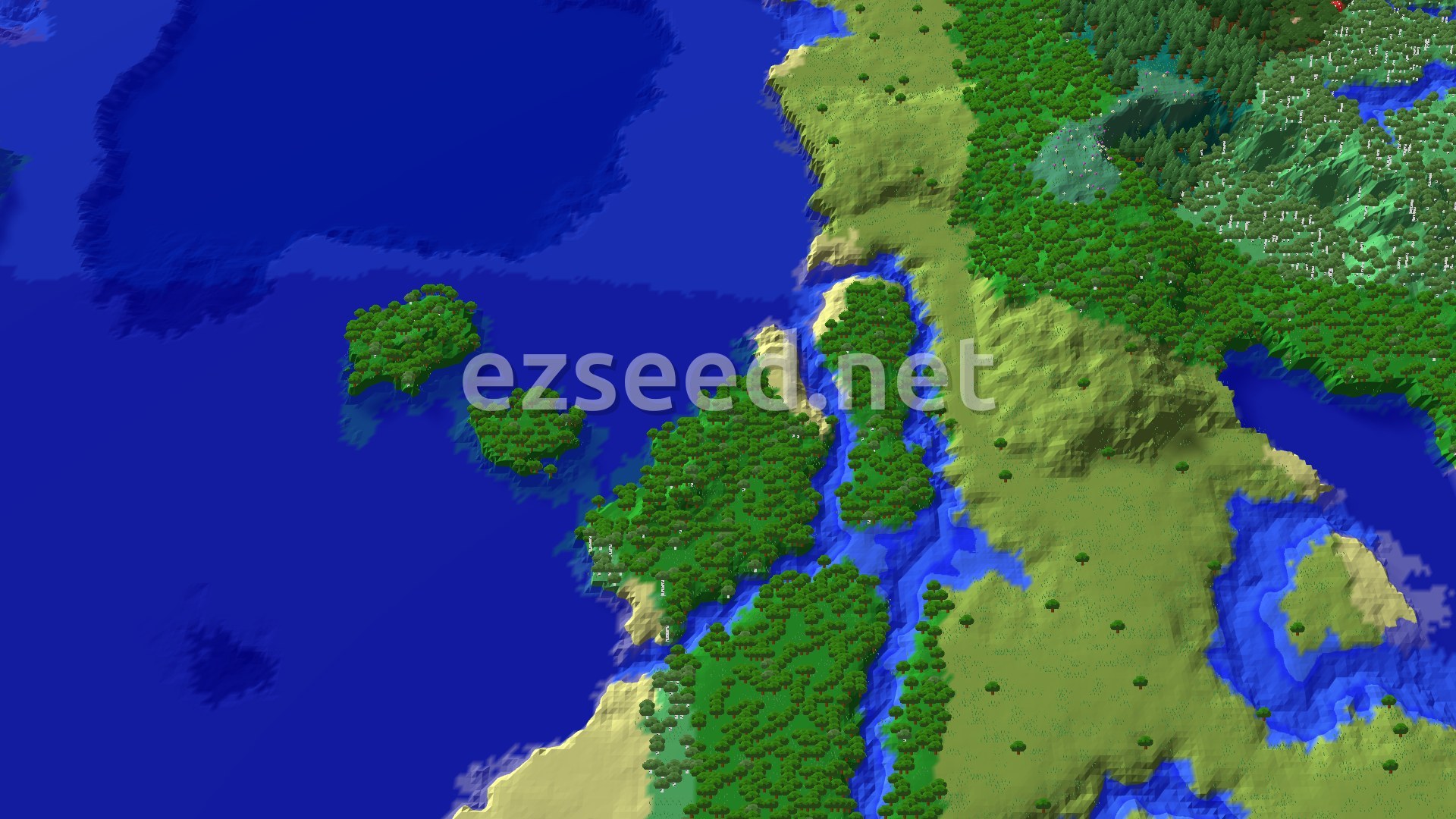 A 3D overhead view of a large island covered in dense green forests, surrounded by blue ocean. A spawn marker sits in the center.