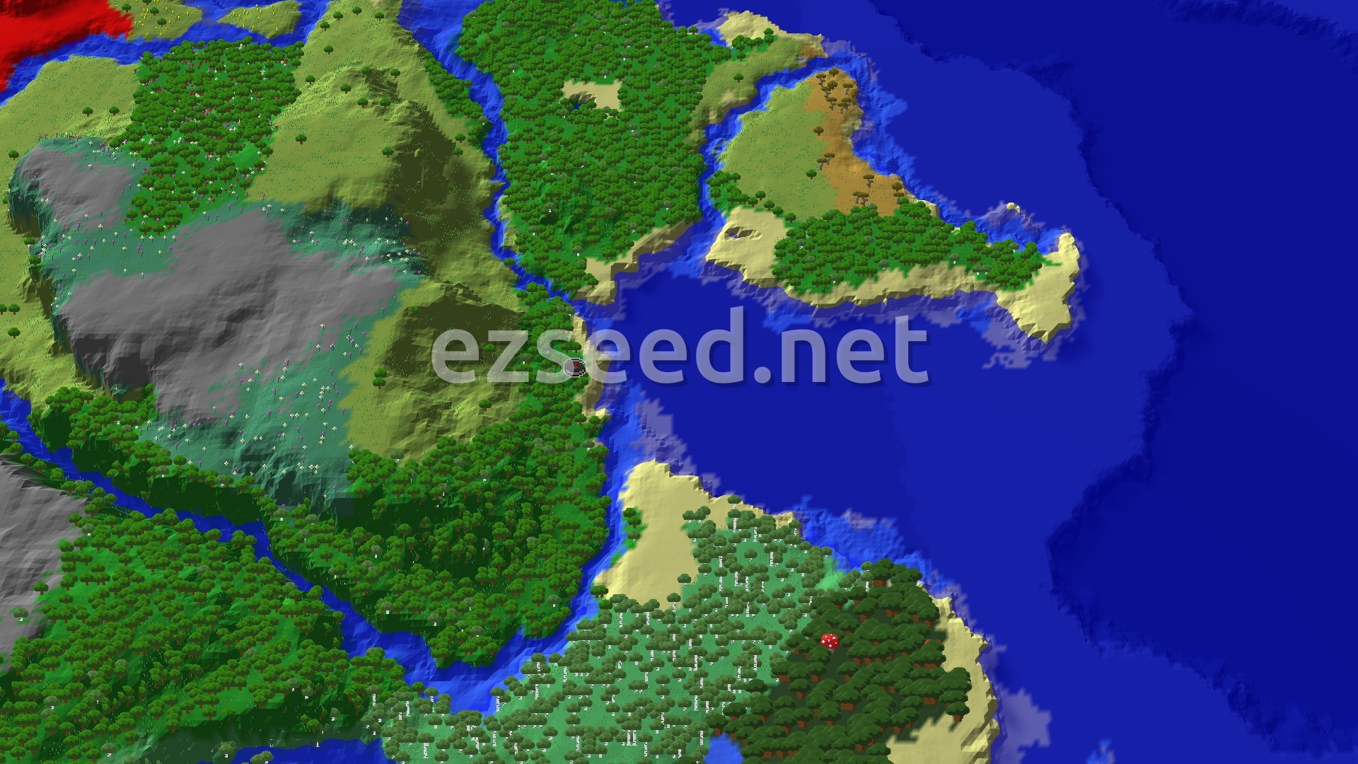 An overhead view of a diverse landscape featuring a mix of forests, grassy plains, and sandy beaches bordering a large blue ocean, with a small red spawn marker in a forest.
