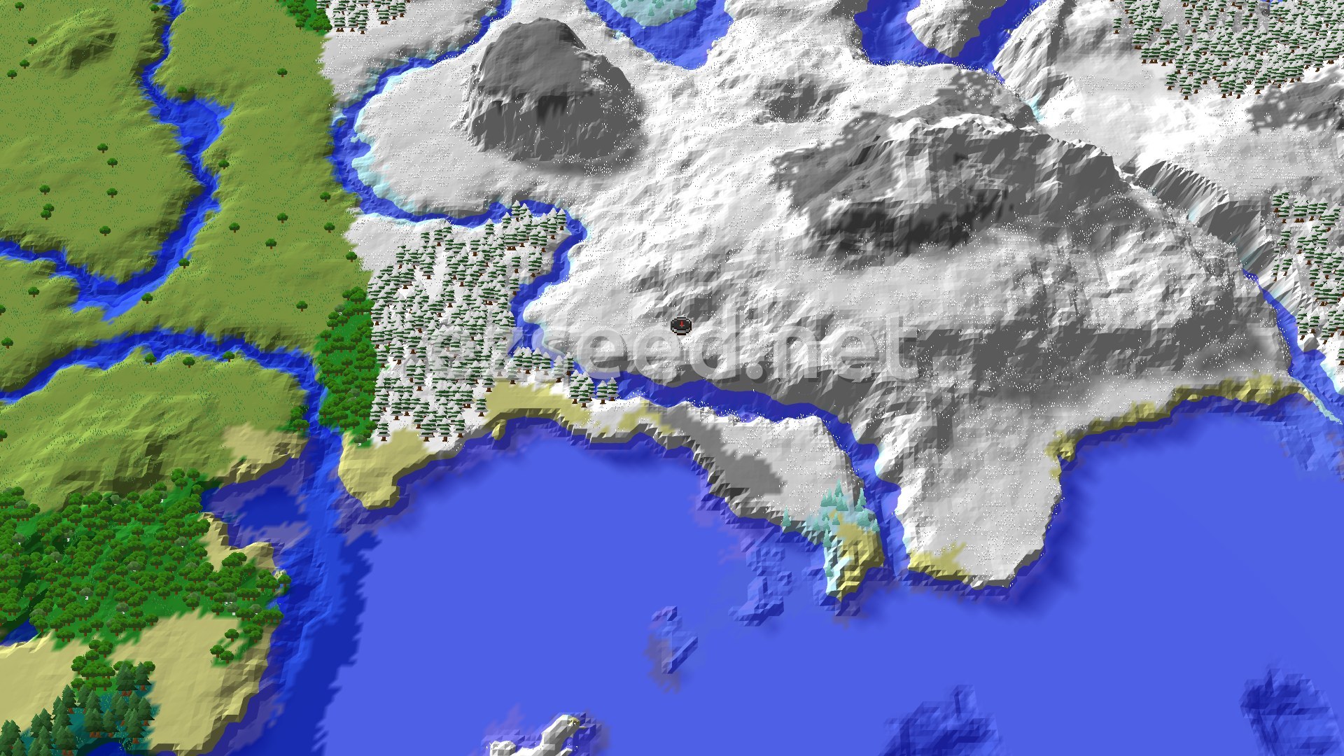 Aerial Minecraft seed map — Ice Spikes on a Frozen Coast with a Snowy Taiga Edge