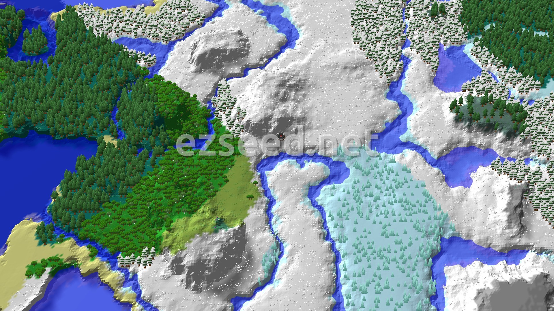 Aerial Minecraft seed map — Ice Spikes and Frozen Rivers Beside a Snowy Village