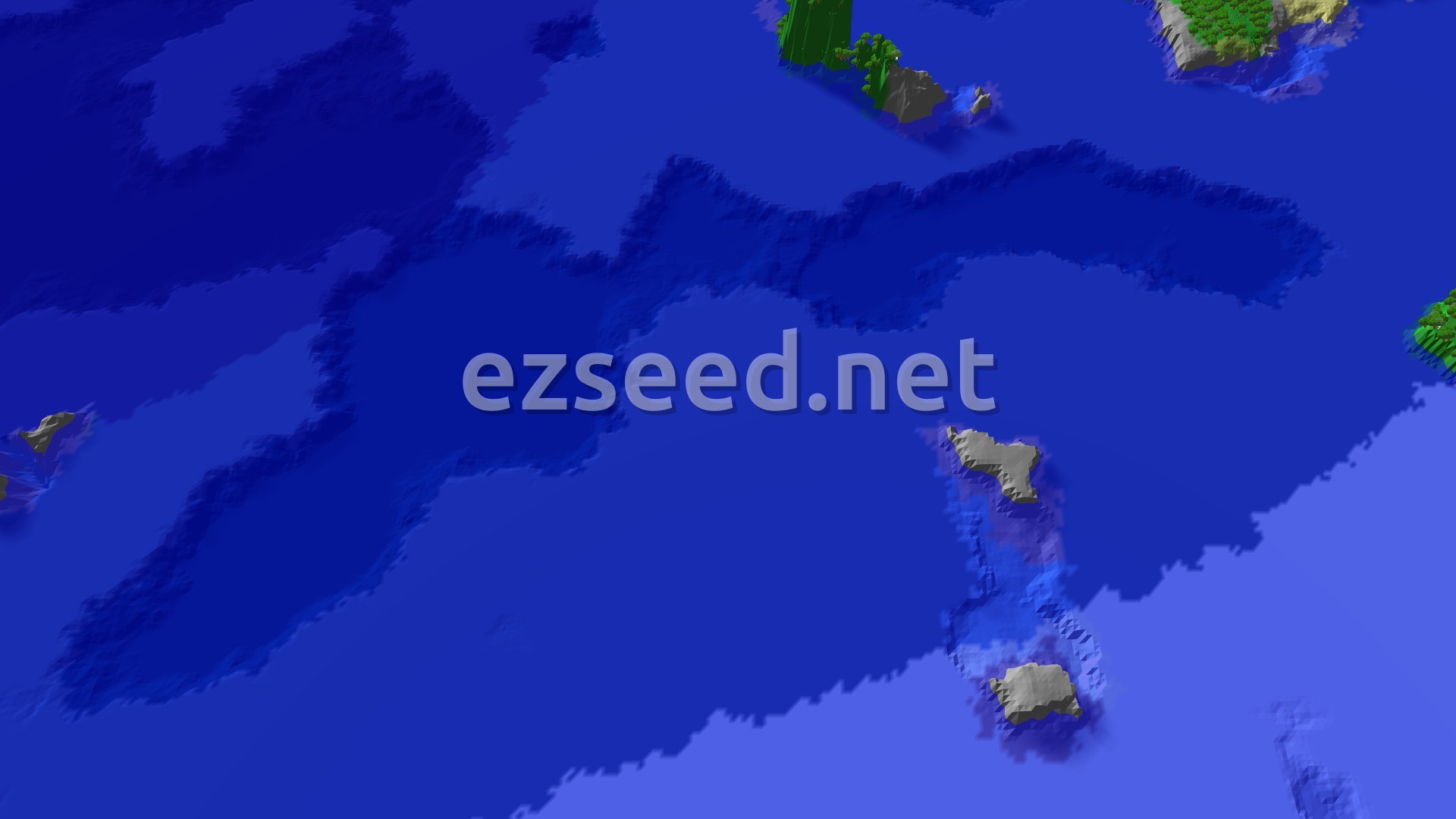 A 3D fly-over of open blue ocean with two small grey stone islets near the centre and green, tree-covered shores at the edges.