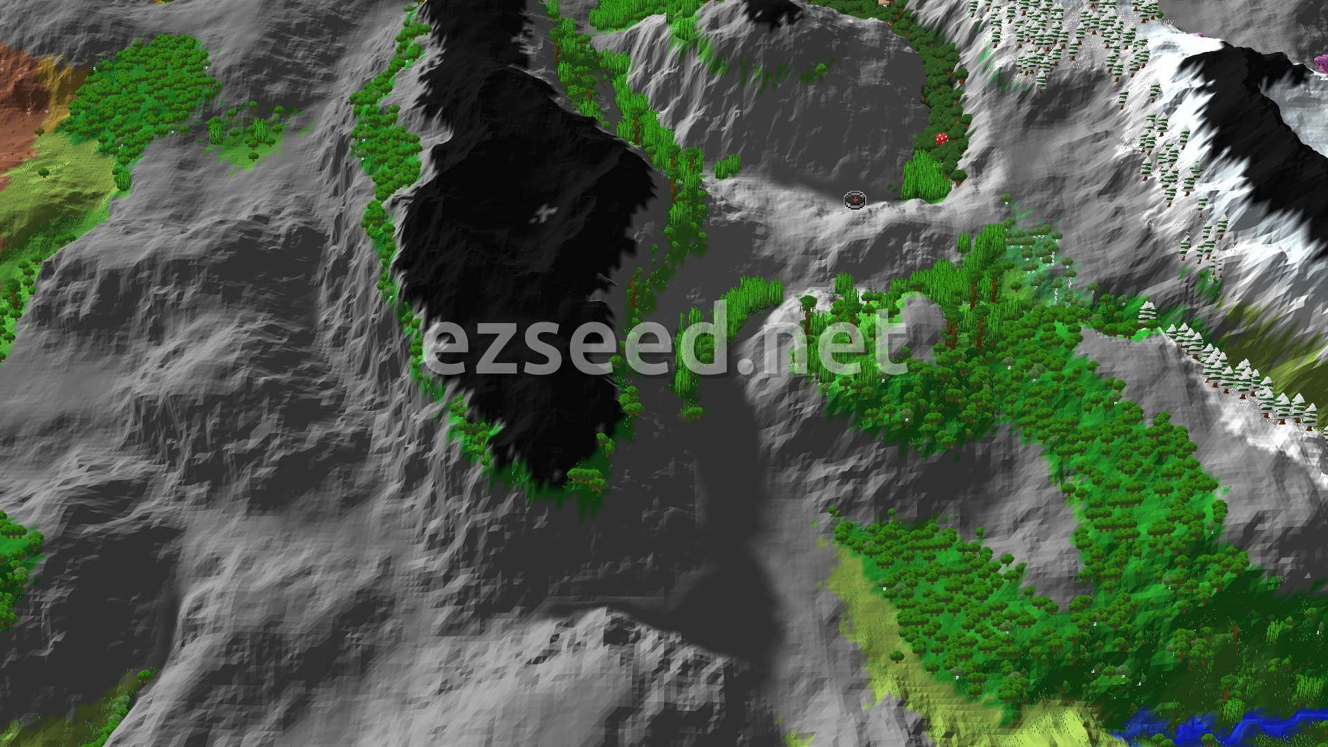 A 3D fly-over of a grey rocky valley with dark cliffs, green jungle and forest patches clinging to the slopes, and snowy peaks along the right edge.
