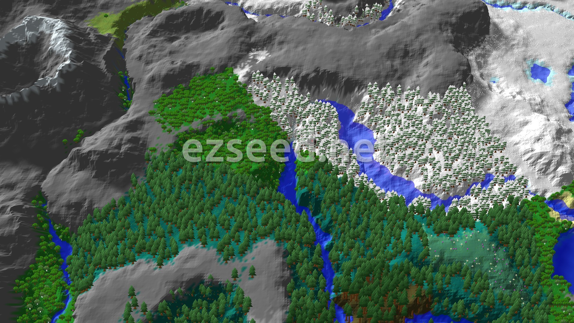 A bird's-eye view shows a deep valley with snow-covered taiga trees and a winding river, surrounded by taller, rocky mountains and some patches of green forest.