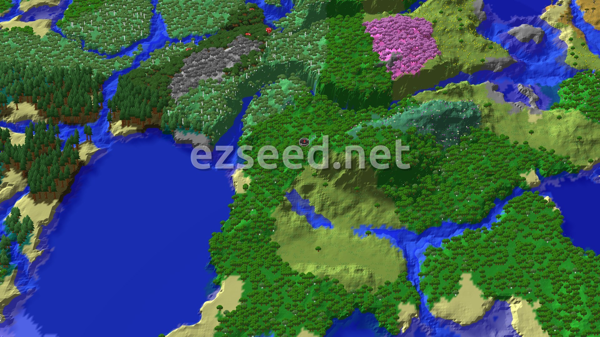 Aerial Minecraft seed map — Lakeside Forest and Abandoned Village With a Cherry Grove