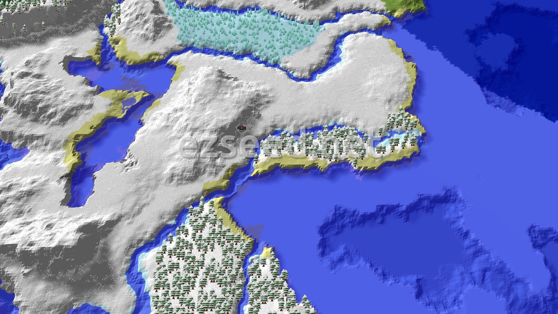 A snow-covered ridge at spawn runs down to sandy shores and bays of frozen ocean, with spruce forest to the south and a frozen river to the north.