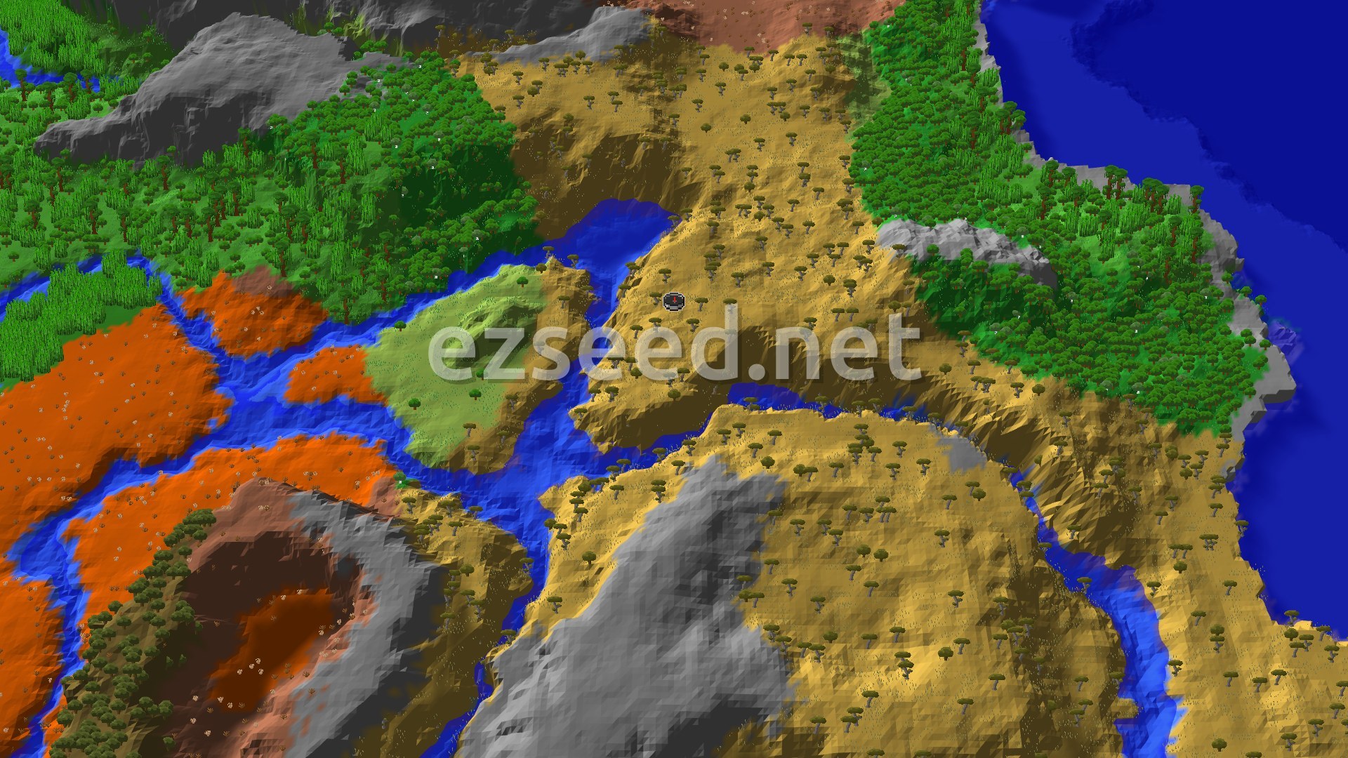 A 3D render of a Minecraft world showing a wide savanna dotted with acacia trees, bordered by a large river and diverse biomes including forests and badlands, with a small spawn marker in the center.