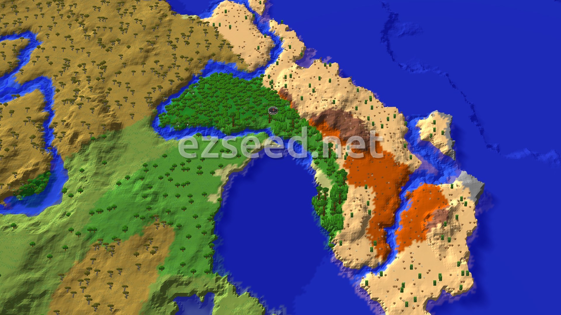 An aerial view showing a lush green forest at the center, surrounded by vast sandy deserts, a winding river, and a deep blue ocean.