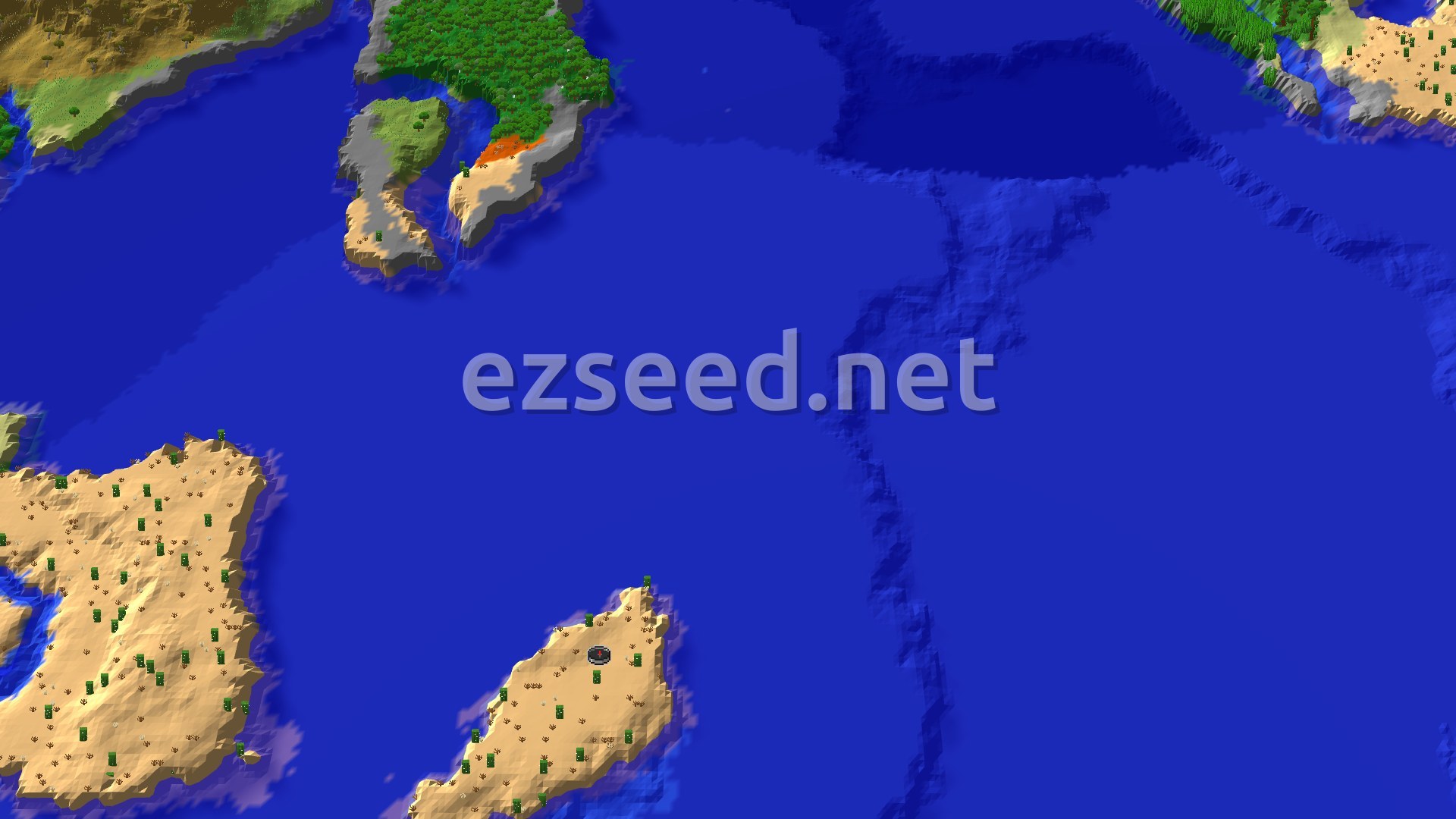 A small sandy desert island with cacti and dead bushes sits in a wide blue ocean, with green jungle and plains coastline farther away.