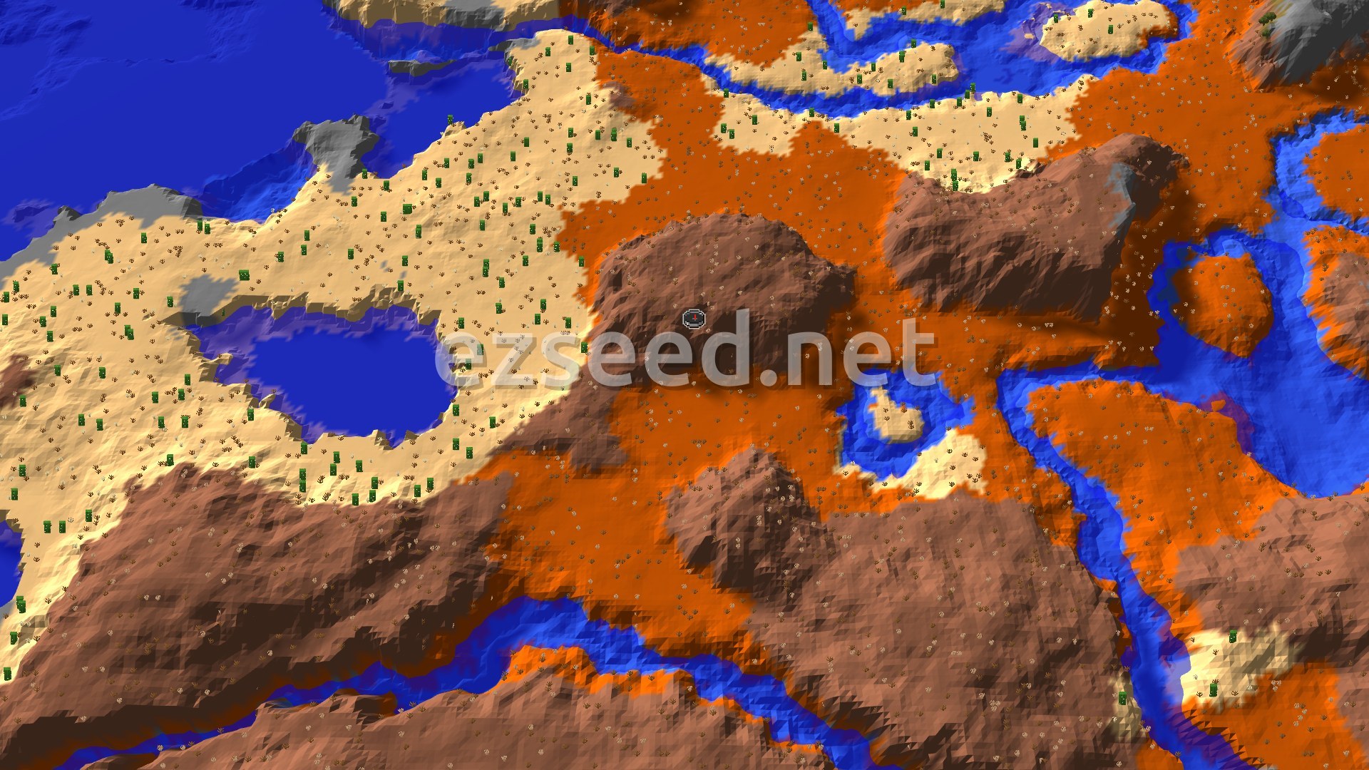 Aerial Minecraft seed map — Eroded Badlands at Spawn with Desert