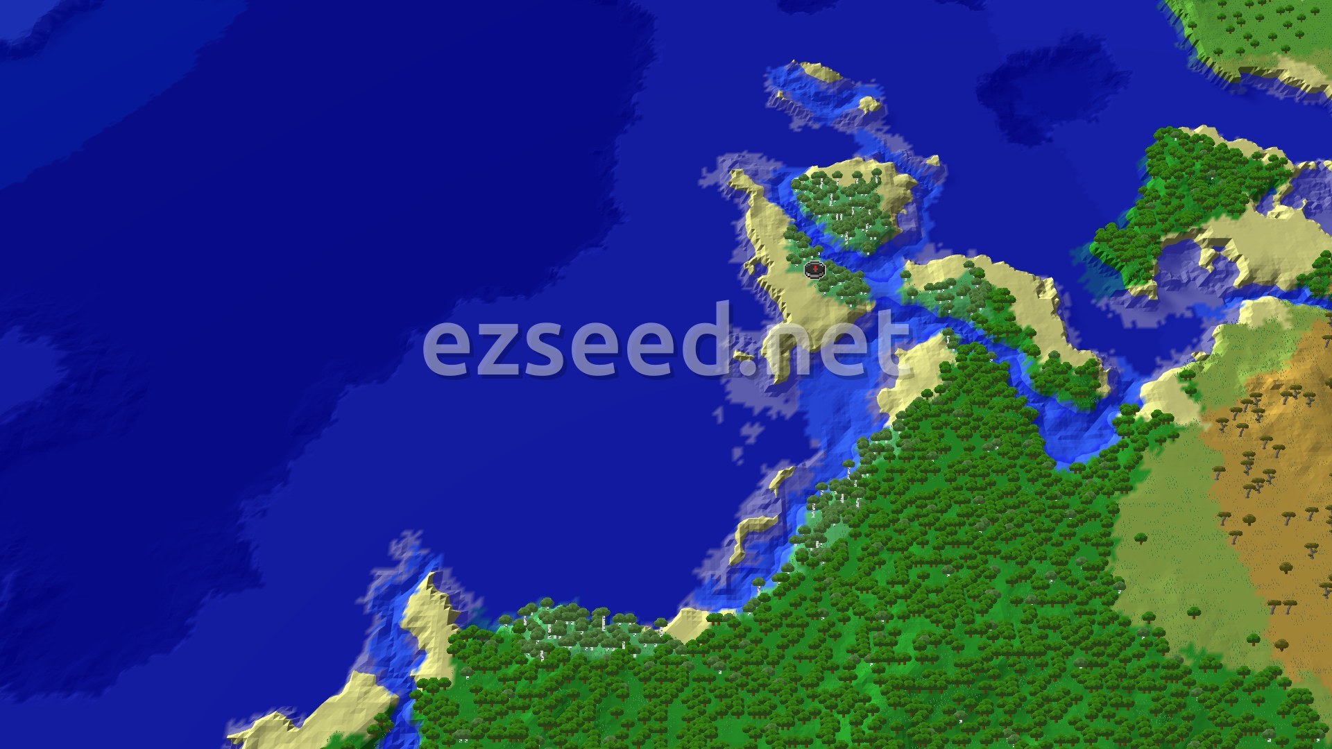 A 3D fly-over of a small island surrounded by blue ocean, with patches of beach, birch forest, and old growth birch forest. A small spawn marker sits near the center.