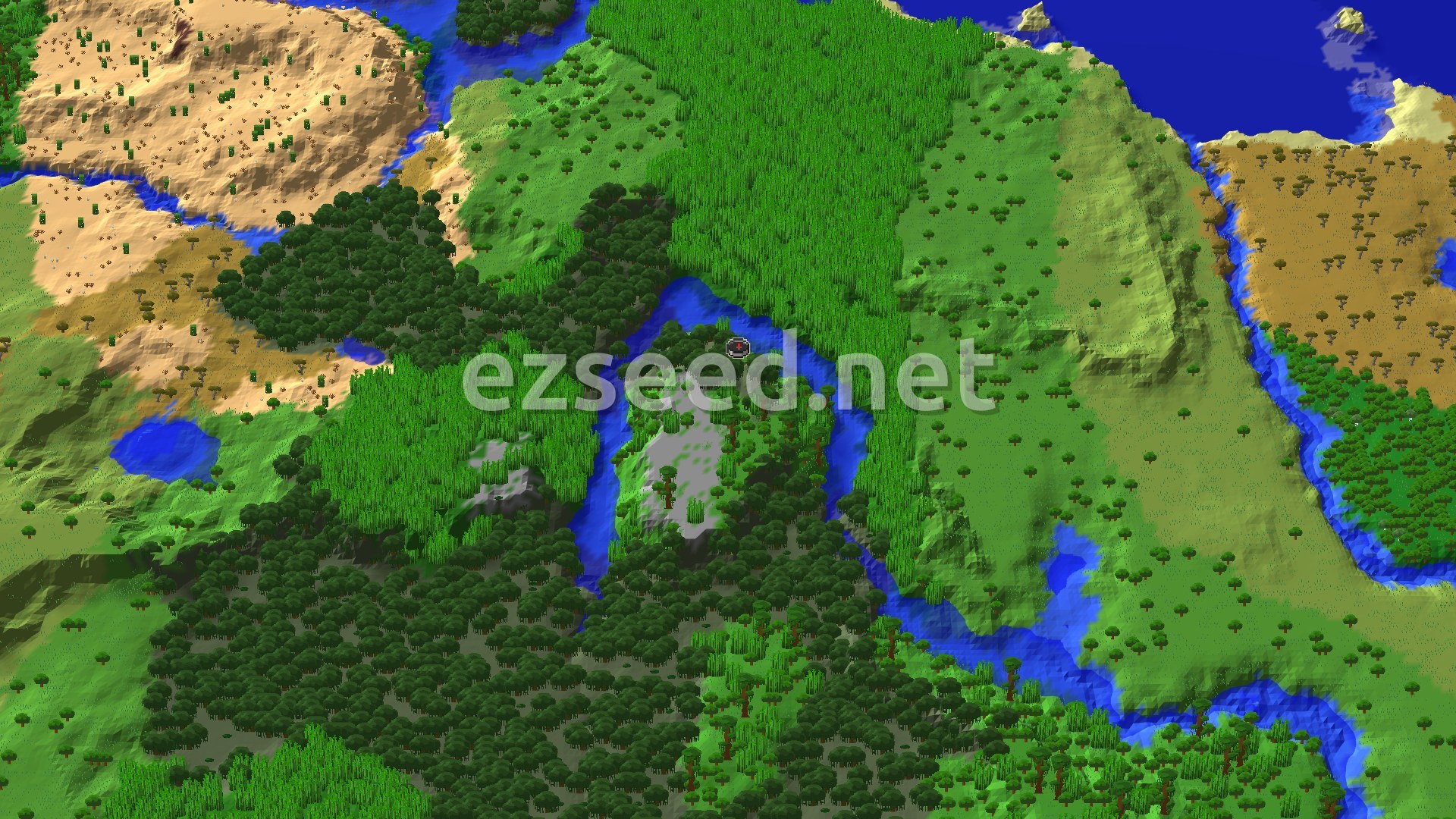 A 3D fly-over of a lush, green landscape with a winding river, dense forests, and patches of lighter terrain, with the spawn marker visible in the center.
