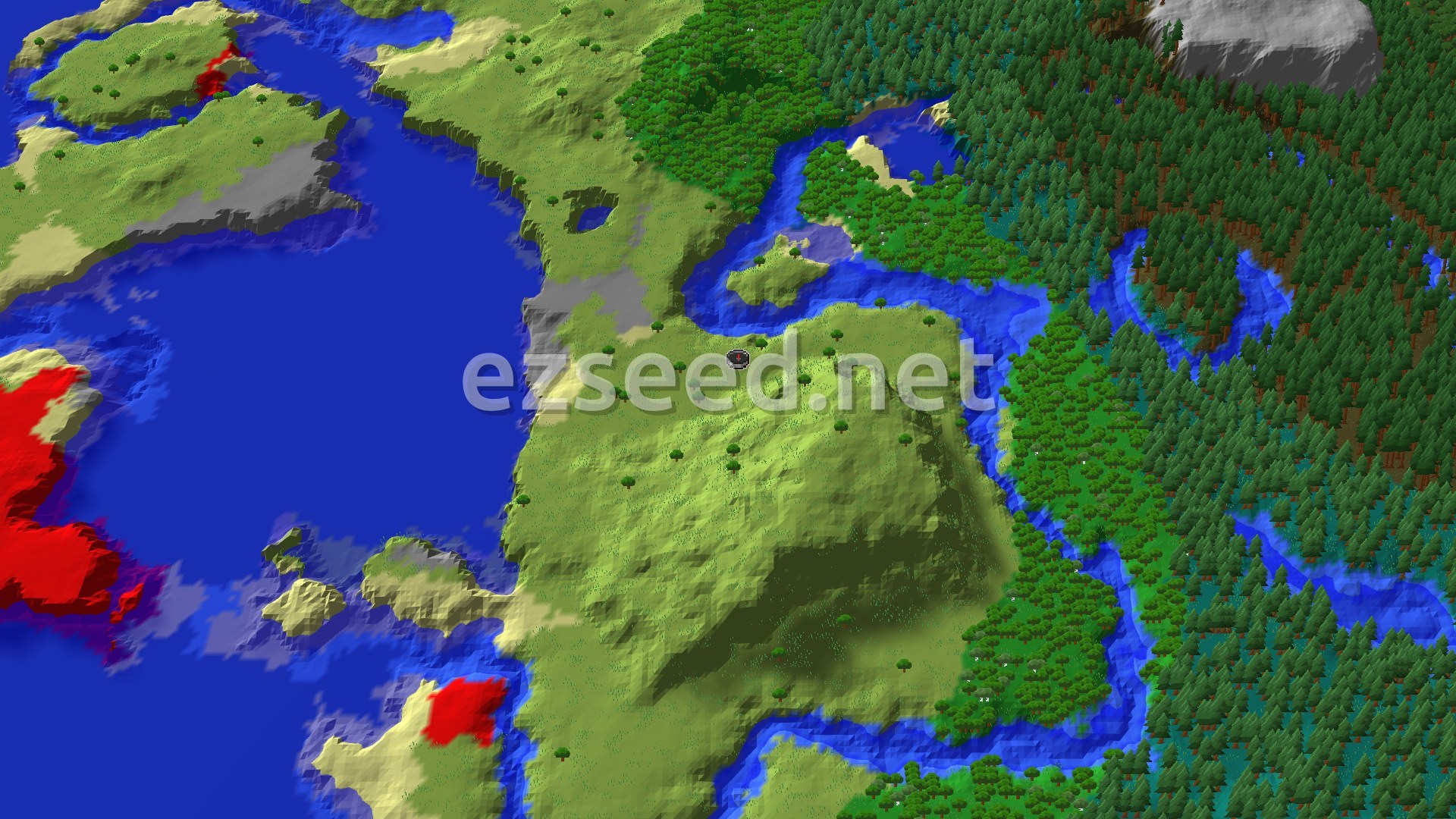 An aerial view of a plains biome with scattered trees, bordered by a large cold ocean and a winding river that separates it from a dense forest.