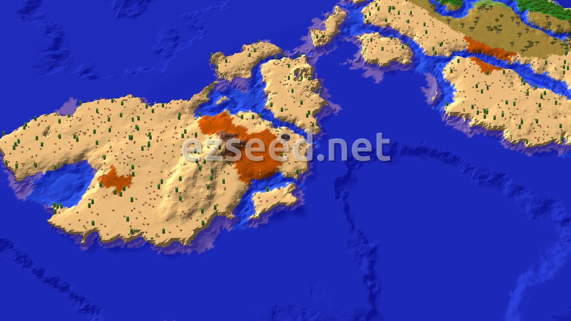 A large desert island covered in cacti and some patches of reddish badlands, surrounded by blue ocean, with a small spawn marker in the center.