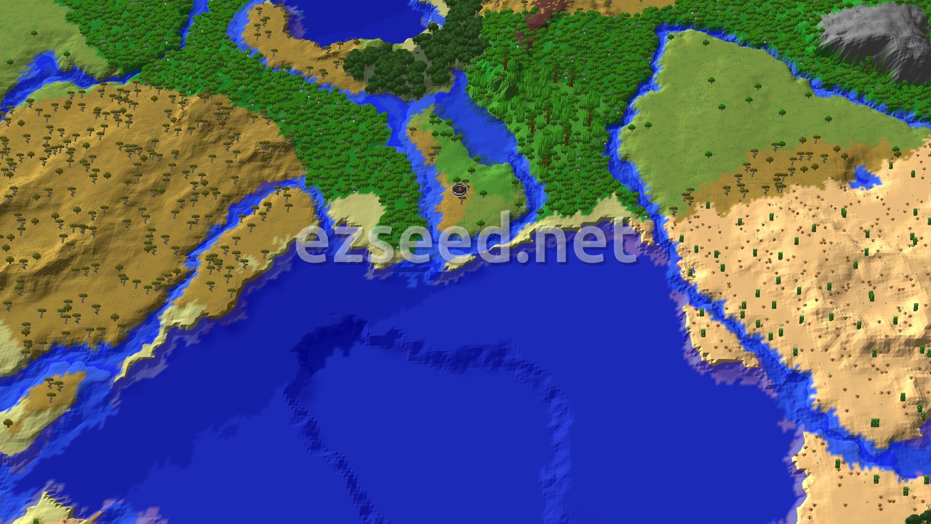 A small grassy peninsula between river inlets, with dense jungle to the north, savanna hills to the west, desert to the east and open ocean to the south.