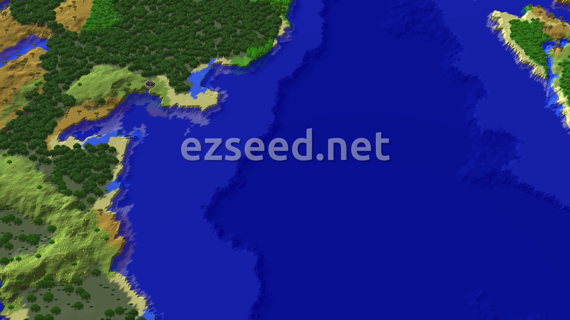 A coastline of green plains and dense dark forest meets deep blue ocean, with a sandy spit and golden savanna ridges to the west and a small island across the water.
