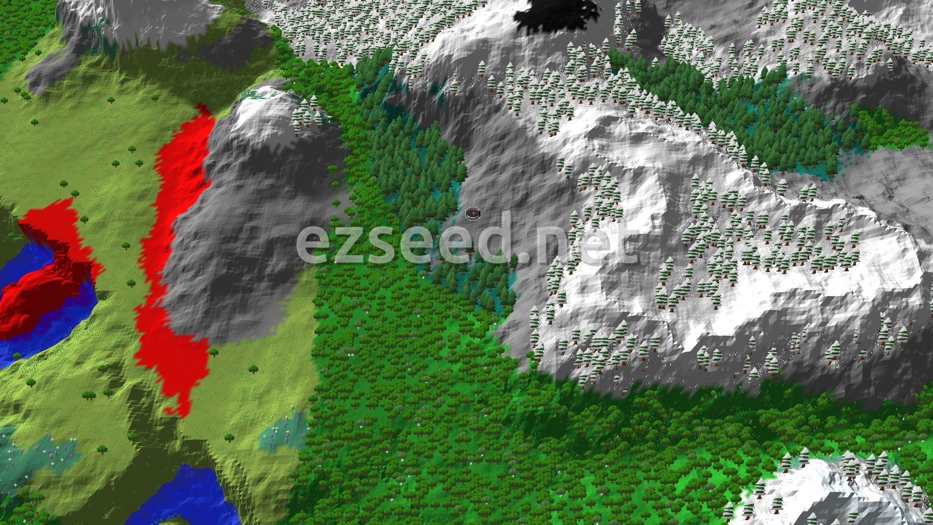 A 3D fly-over shows a valley surrounded by green hills and snow-capped mountains, with a river running through. Trees cover most of the landscape.