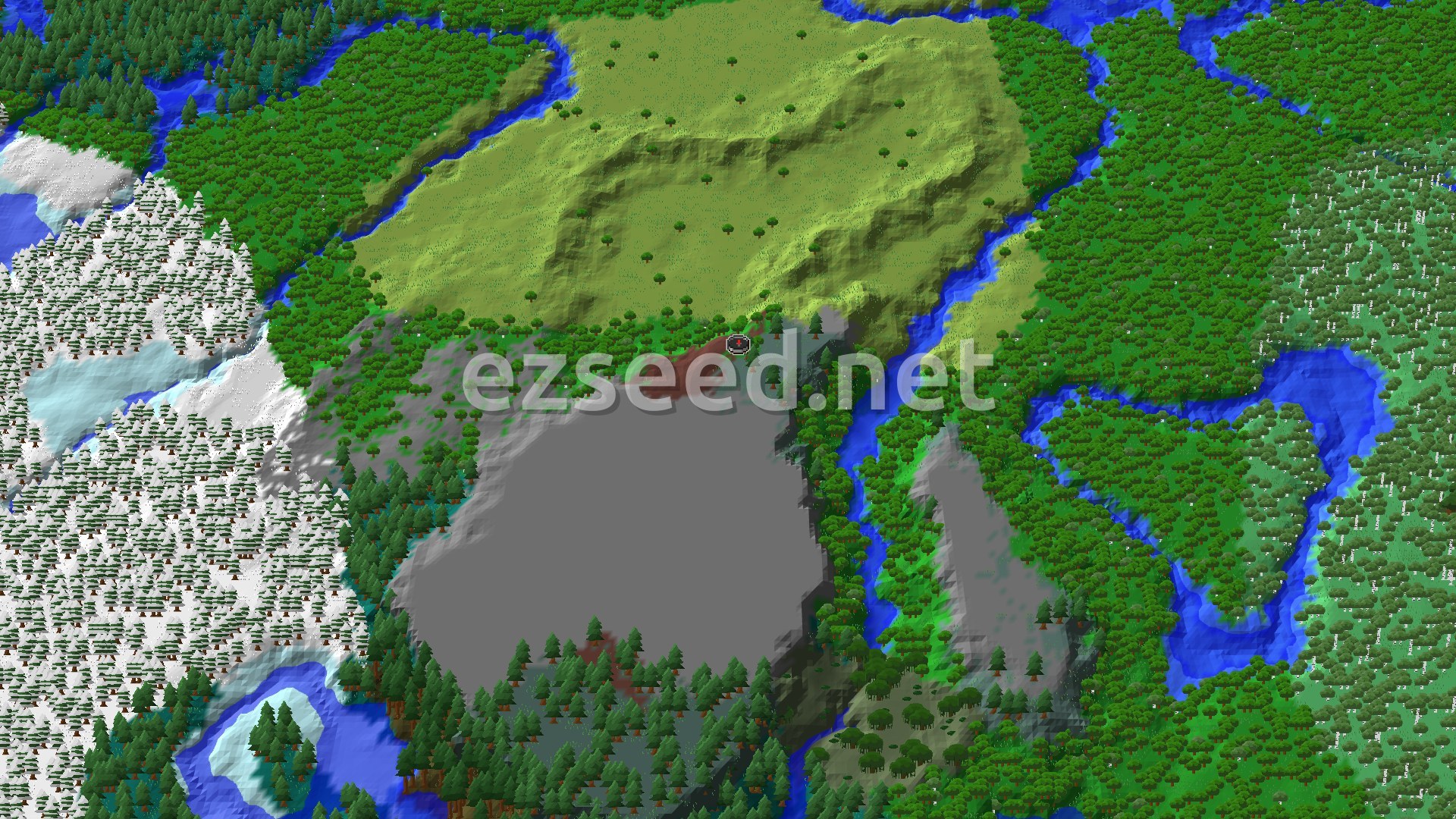 A 3D fly-over of a grey stone hilltop at spawn, ringed by dense forest, winding rivers, a grassy plateau to the north and snowy spruce forest to the west.