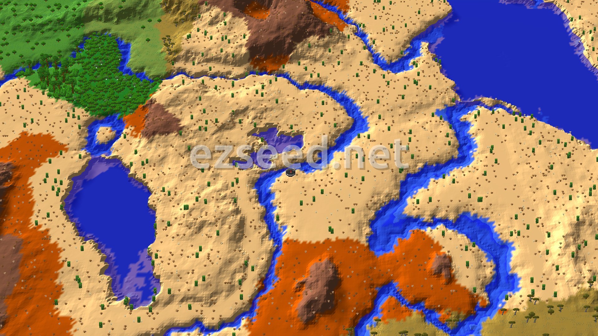 A 3D view of a sandy desert cut by winding blue rivers, with a deep lake to the west, orange badlands to the south and green forest in the far corner.