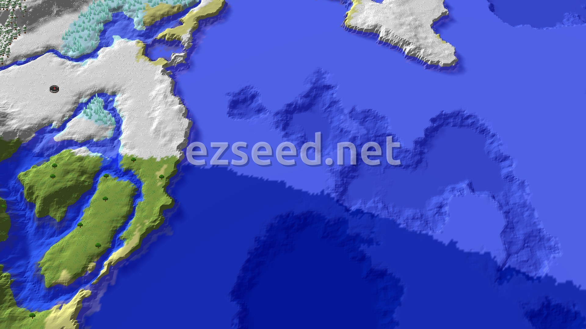Aerial Minecraft seed map — Snowy Village Beside Ice Spikes on a Frozen Coast