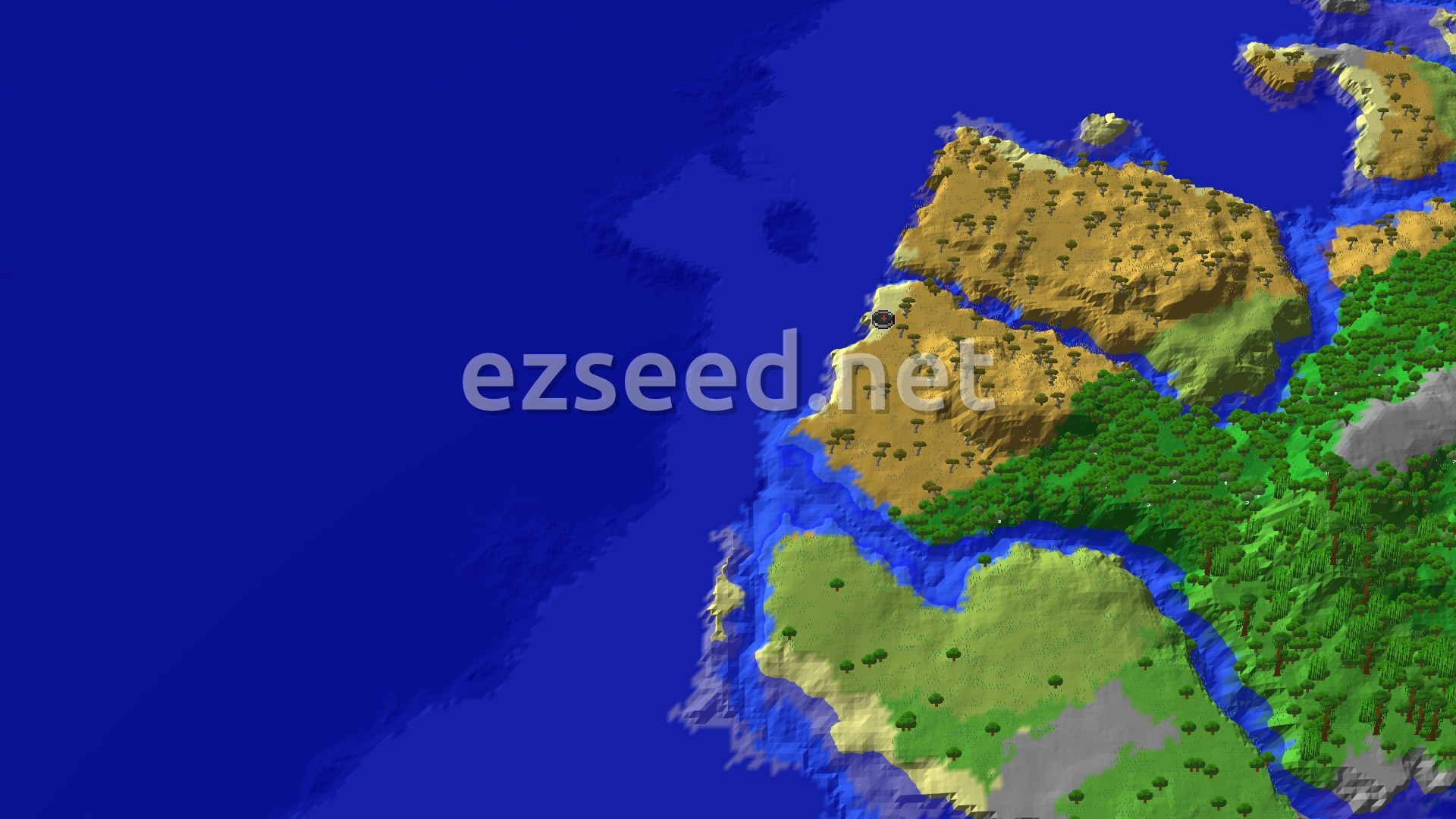 Aerial view of a sandy beach edge where tan savanna hills dotted with flat-topped trees meet dark green forest, with deep blue ocean filling the left side and a pale beach strip at the shoreline.