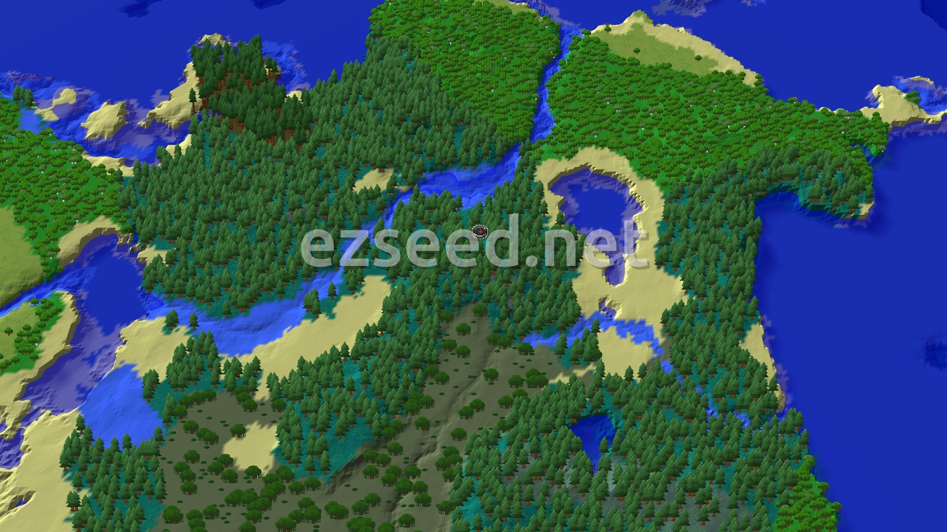 An aerial view of a verdant landscape dominated by dense taiga and forest biomes, with winding rivers and patches of sandy coastline leading to a vast blue ocean. A small marker indicates the spawn point within the trees.